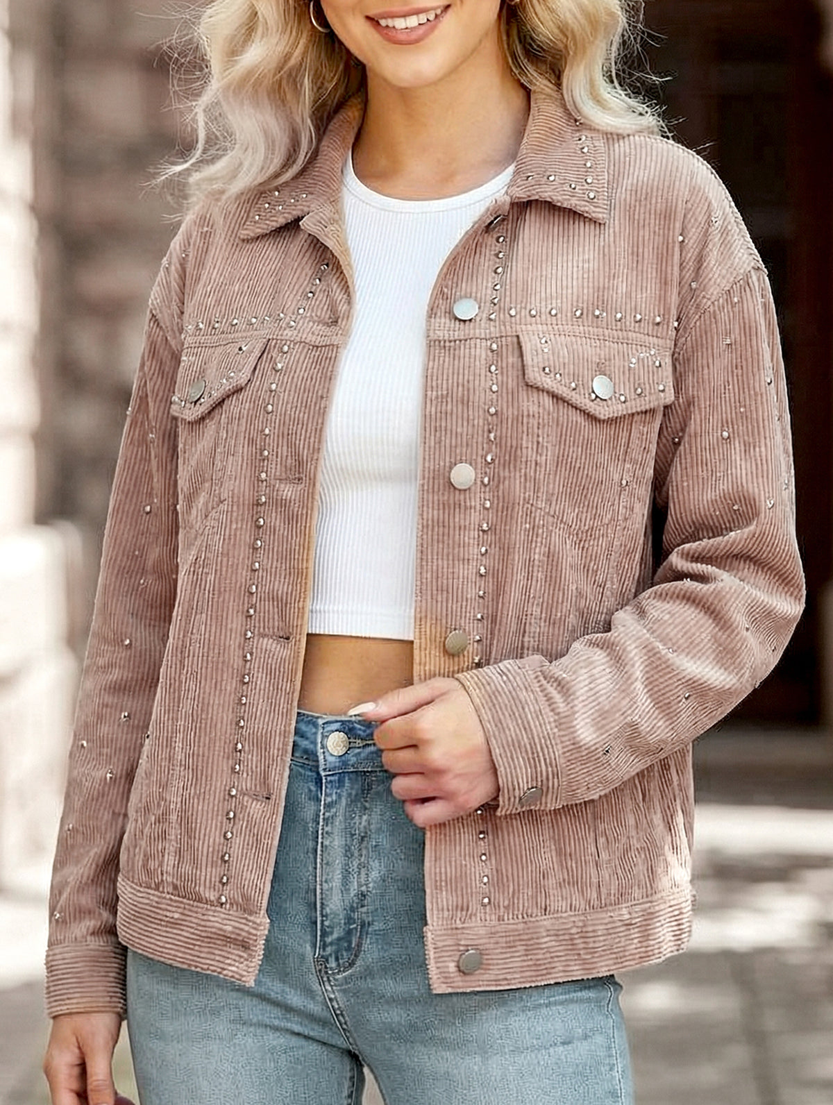 Studded heavy-duty casual fashion corduroy short jacket_CWOCO00781