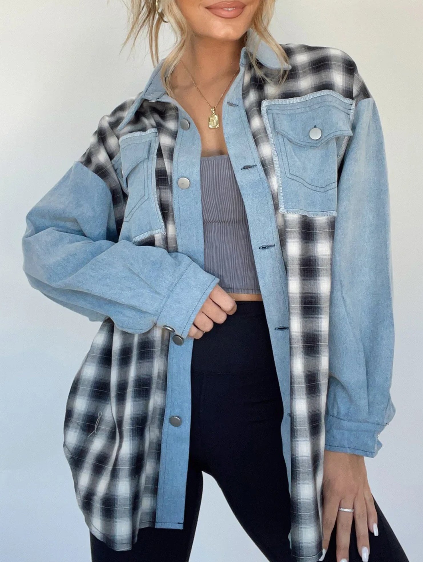 Casual and stylish plaid wool patchwork coat