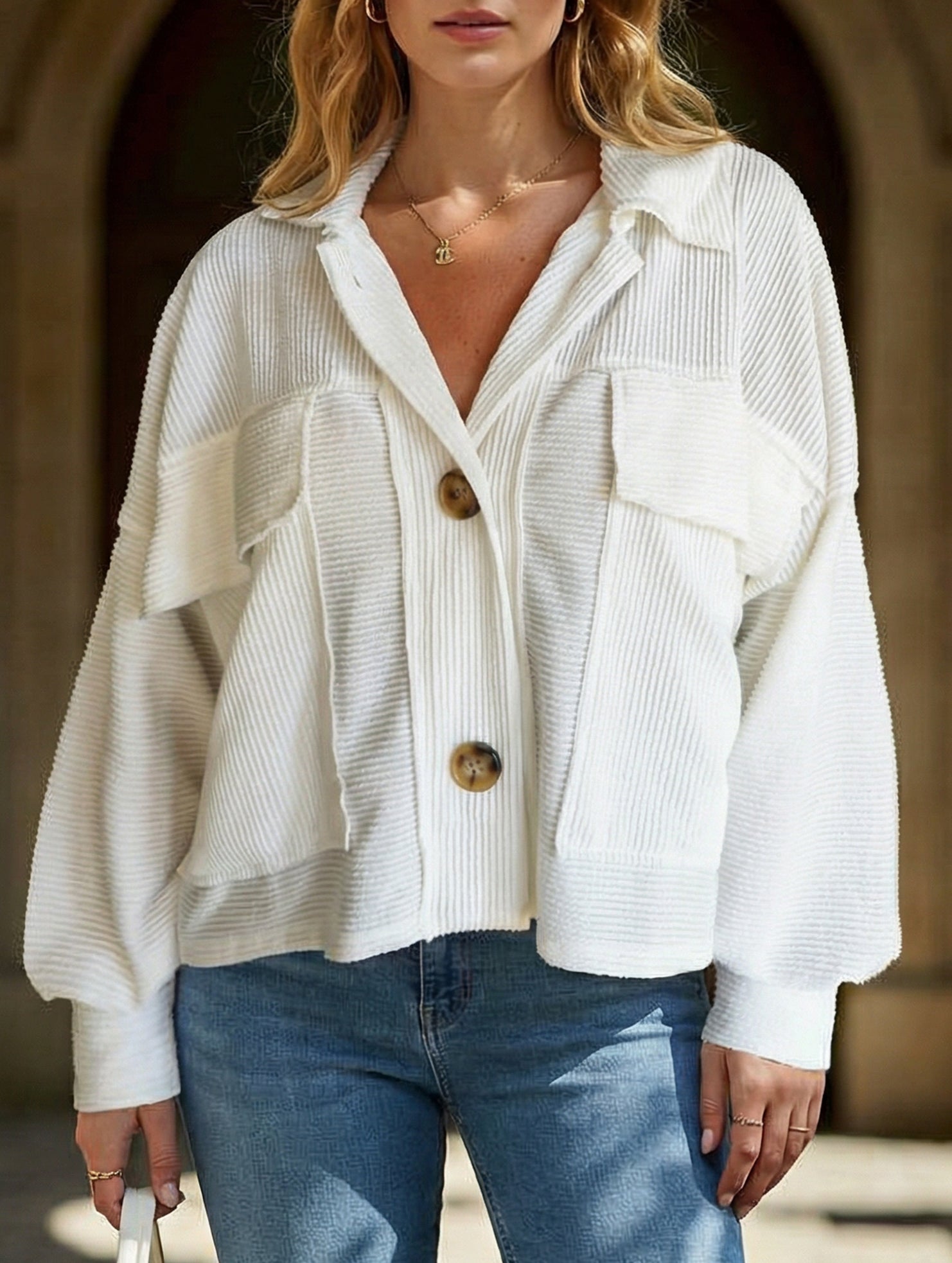 Short casual ribbed single-breasted coat for women