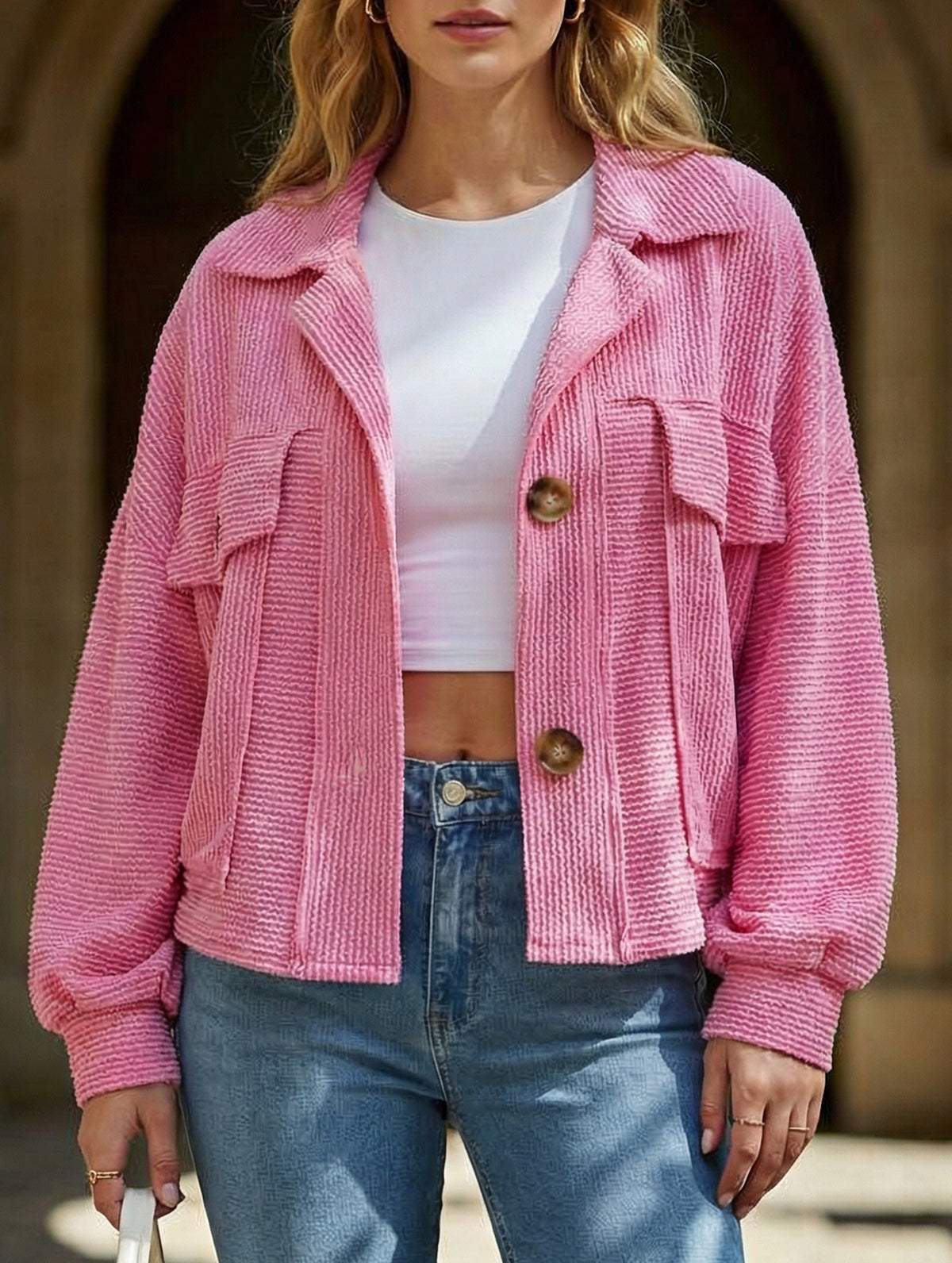 Short casual ribbed single-breasted coat for women