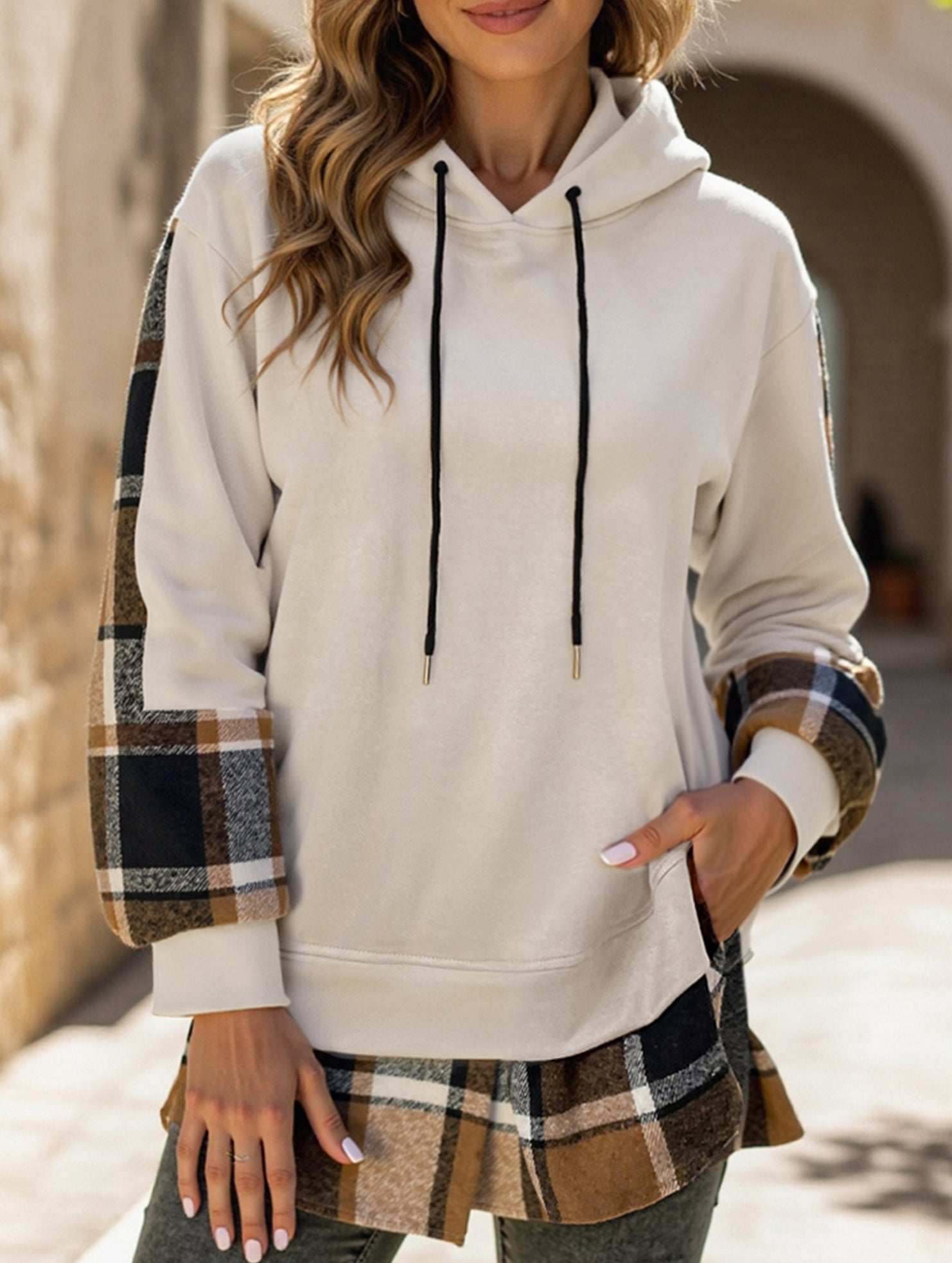 CASUAL TOP FAKE PLAID STITCHING HOODIE SWEATSHIRT