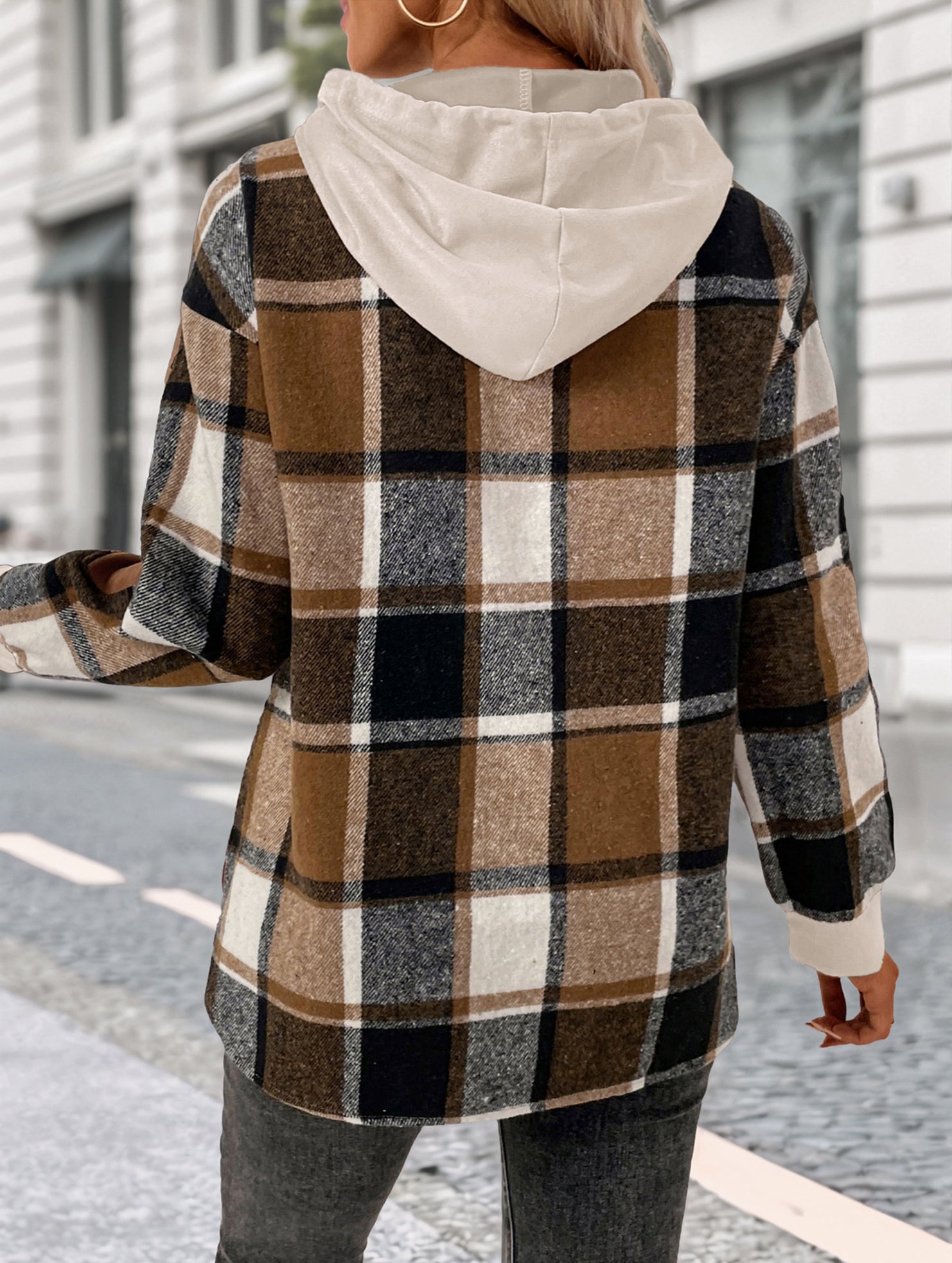 CASUAL TOP FAKE PLAID STITCHING HOODIE SWEATSHIRT