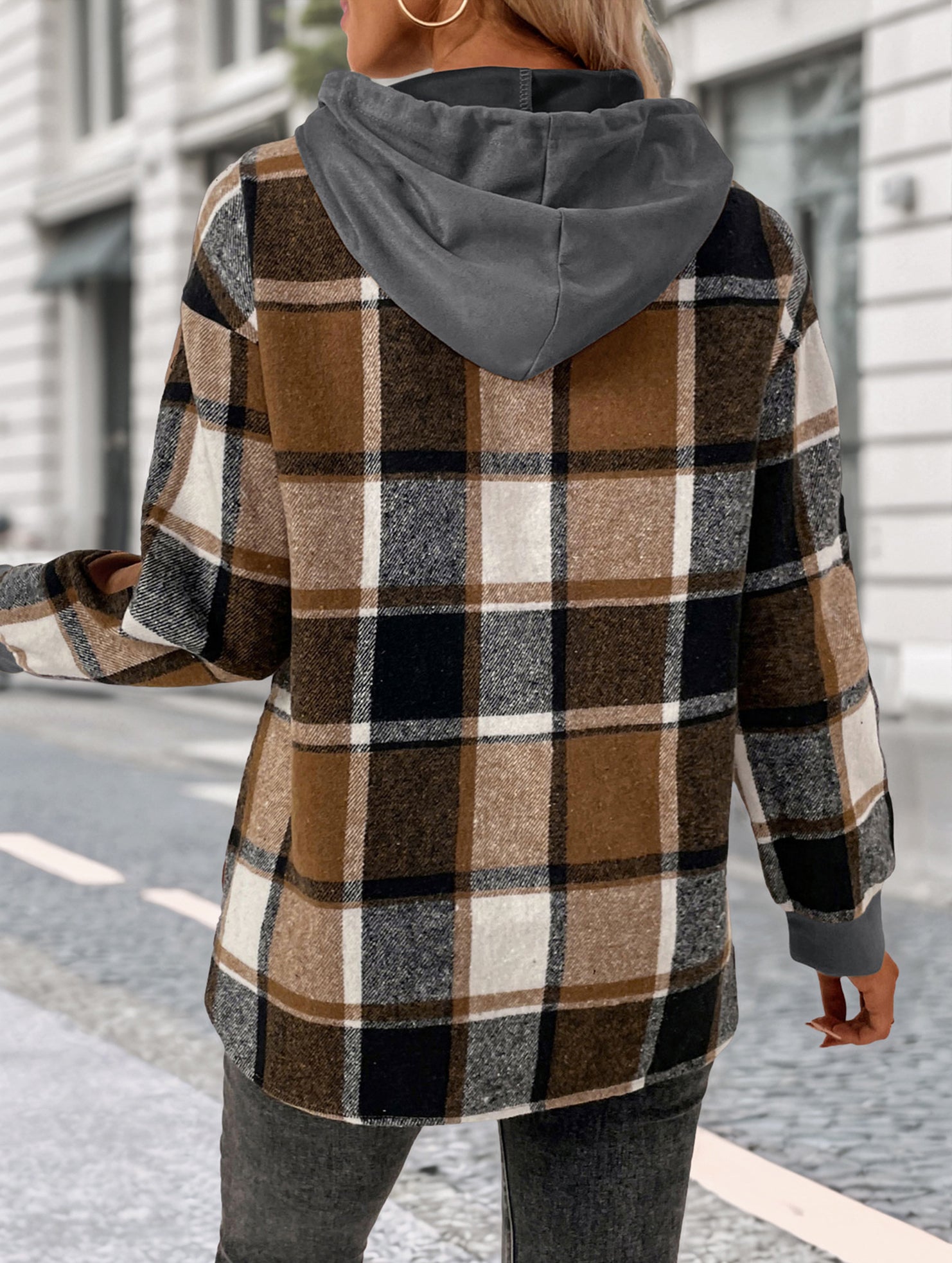 CASUAL TOP FAKE PLAID STITCHING HOODIE SWEATSHIRT