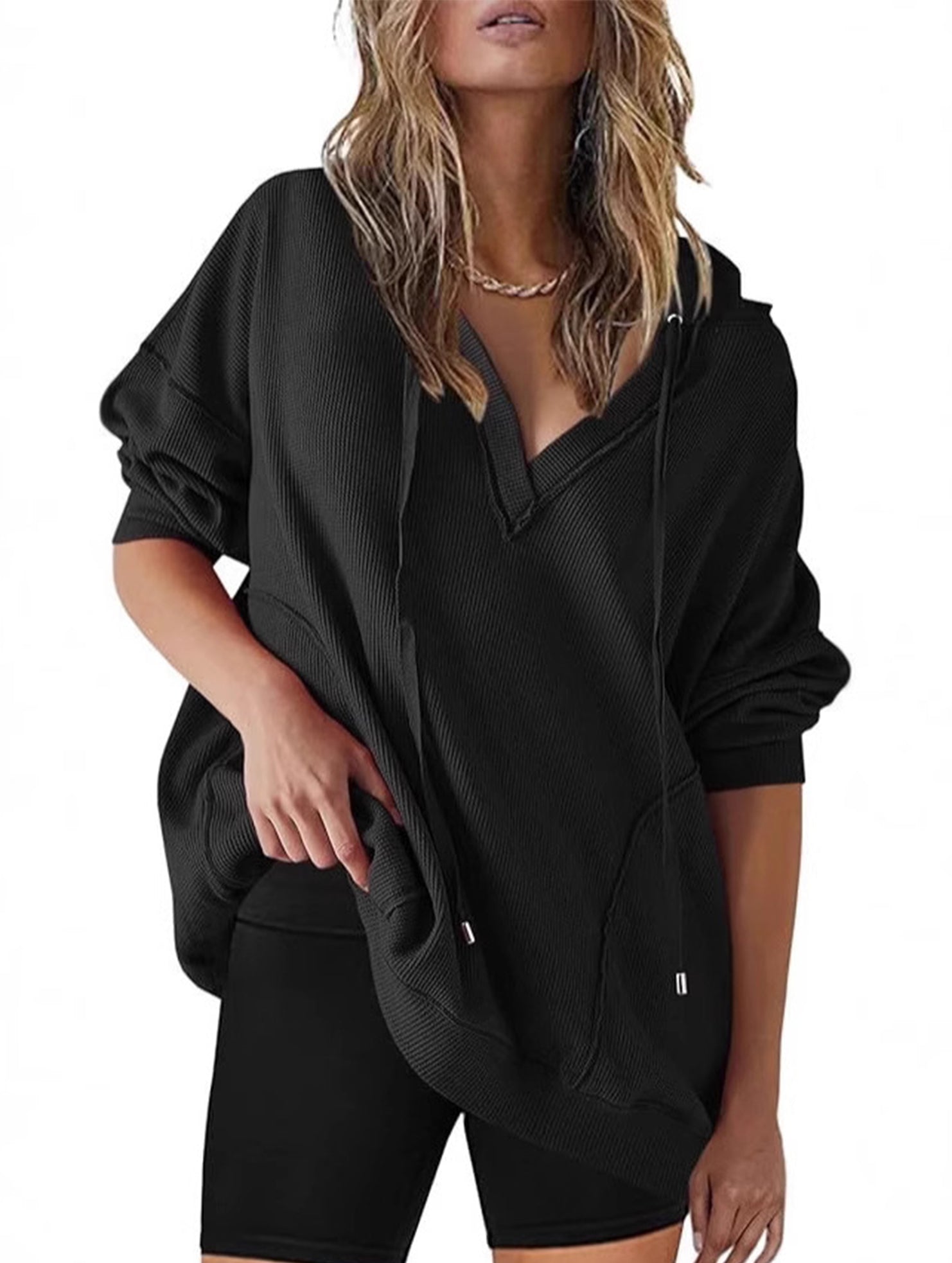 Casual V-neck long-sleeved hooded sweatshirt