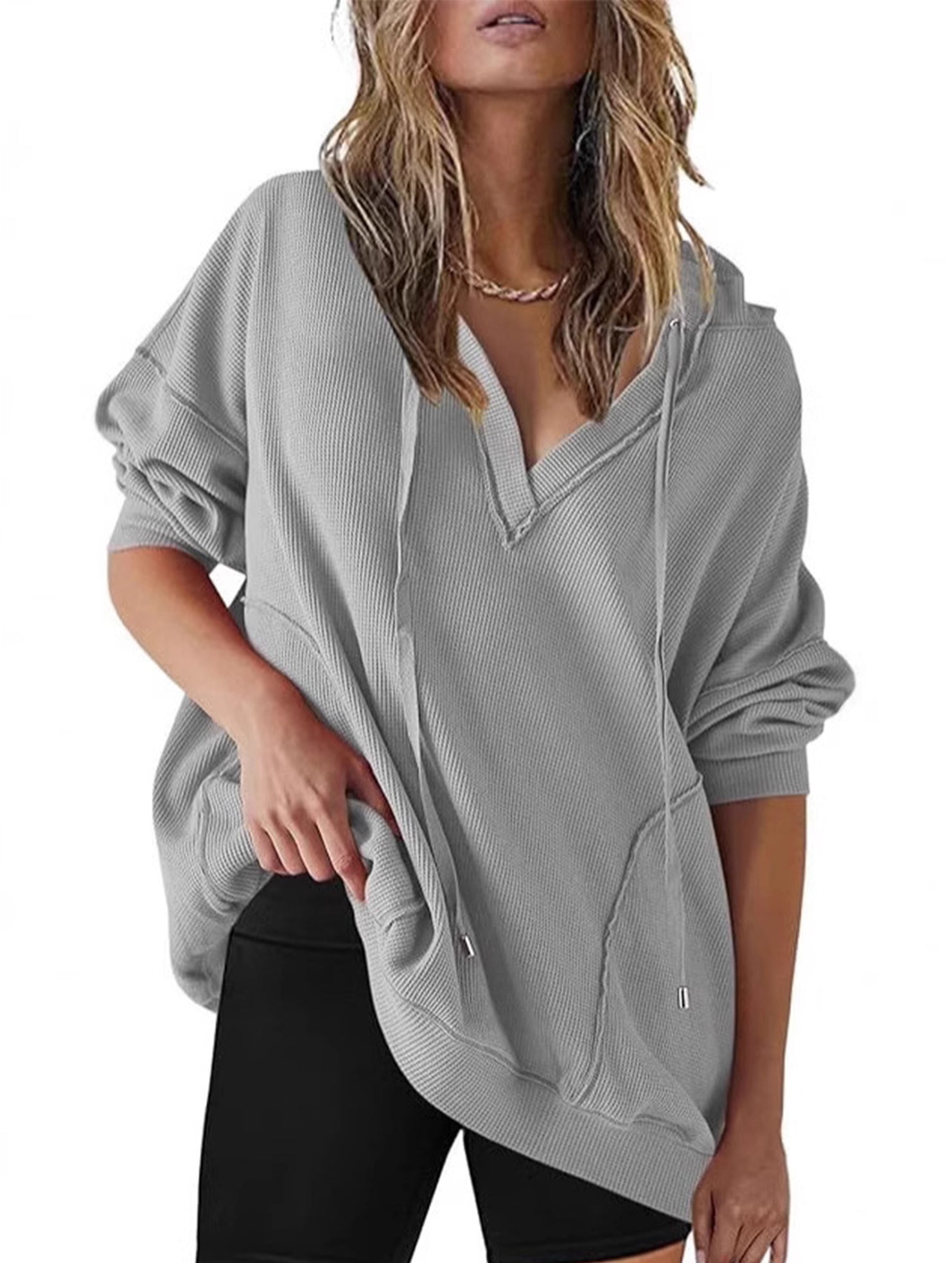Casual V-neck long-sleeved hooded sweatshirt