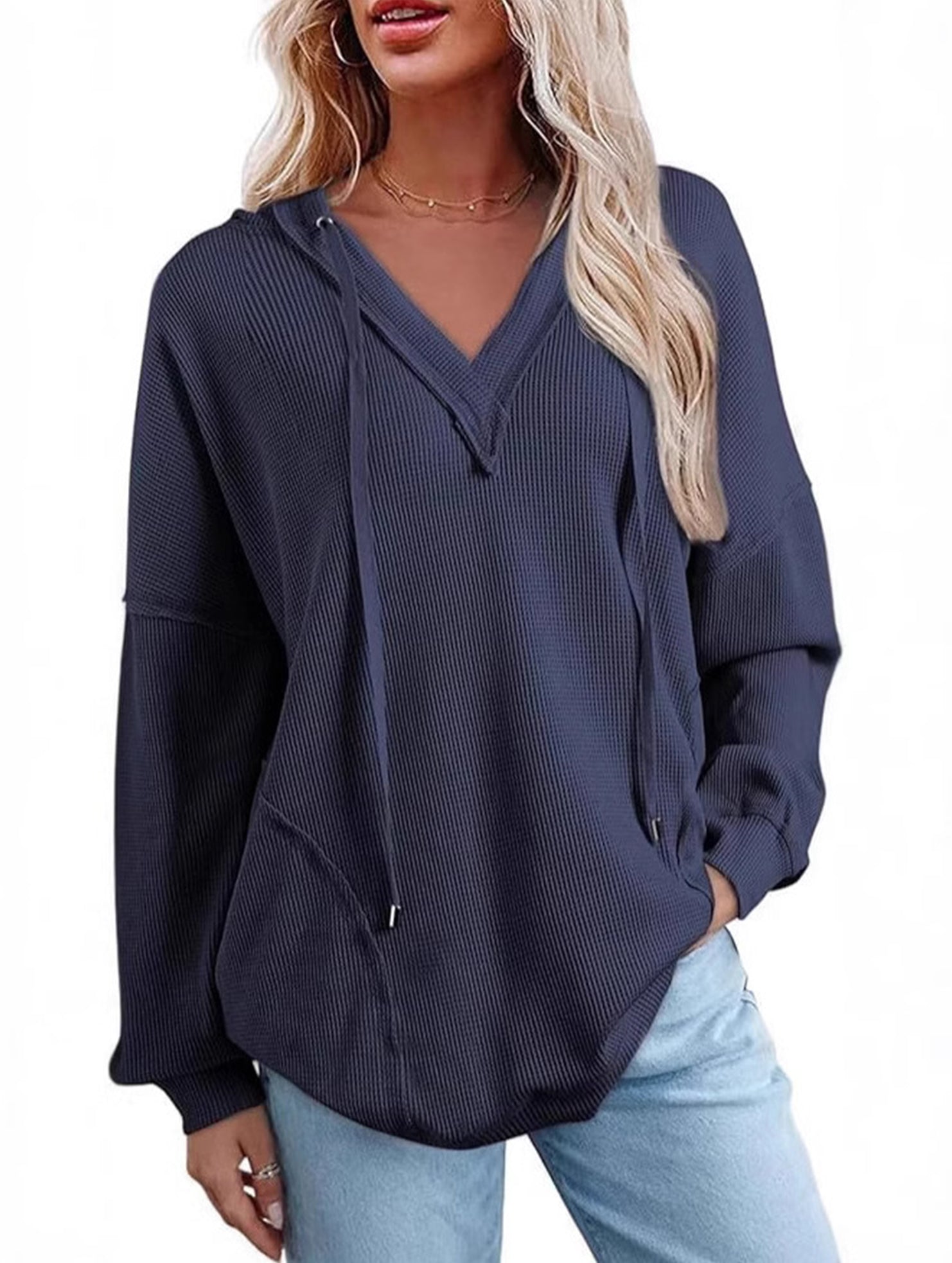 Casual V-neck long-sleeved hooded sweatshirt