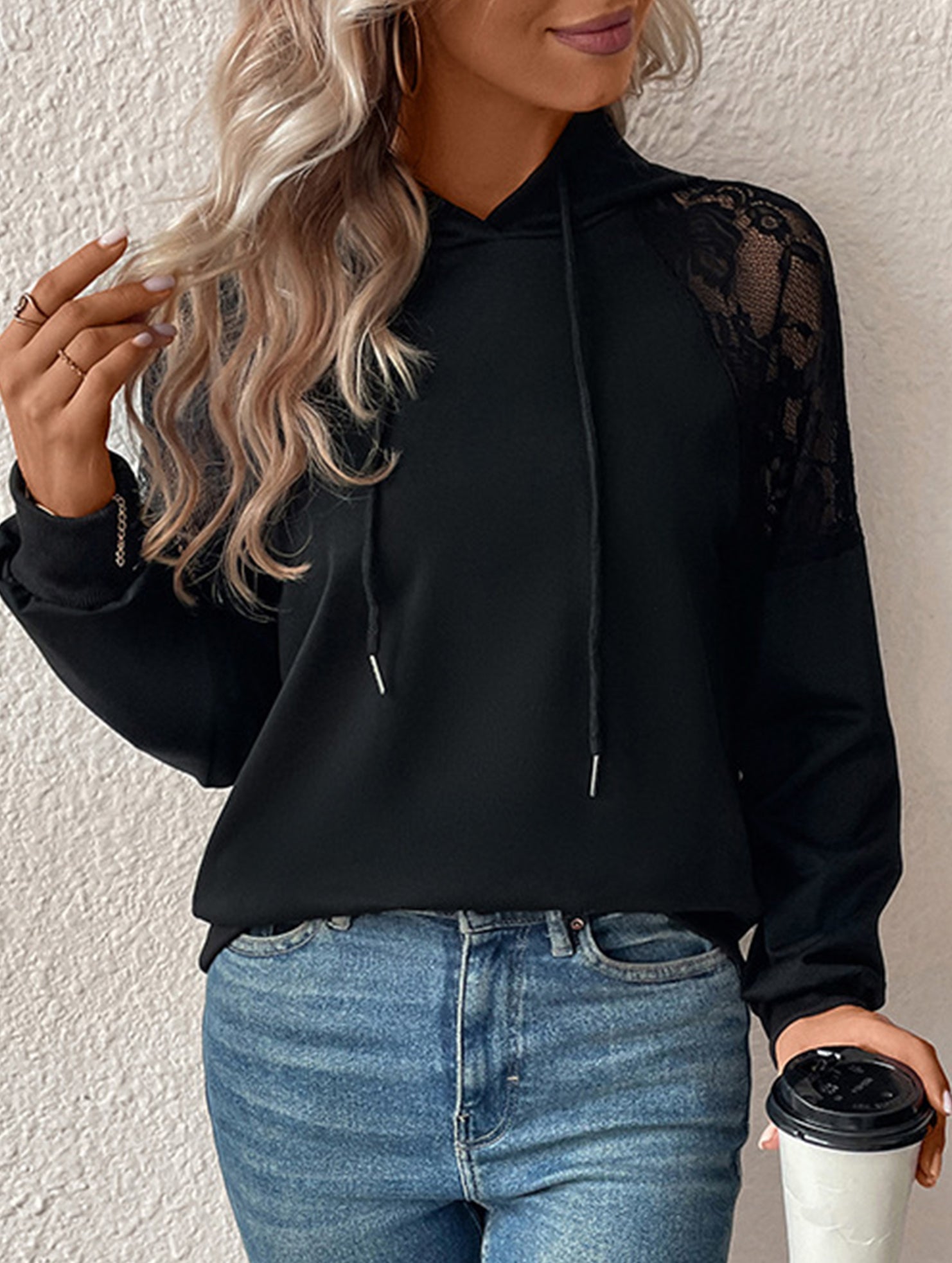 Casual Loose Hooded Lace Panel Top
