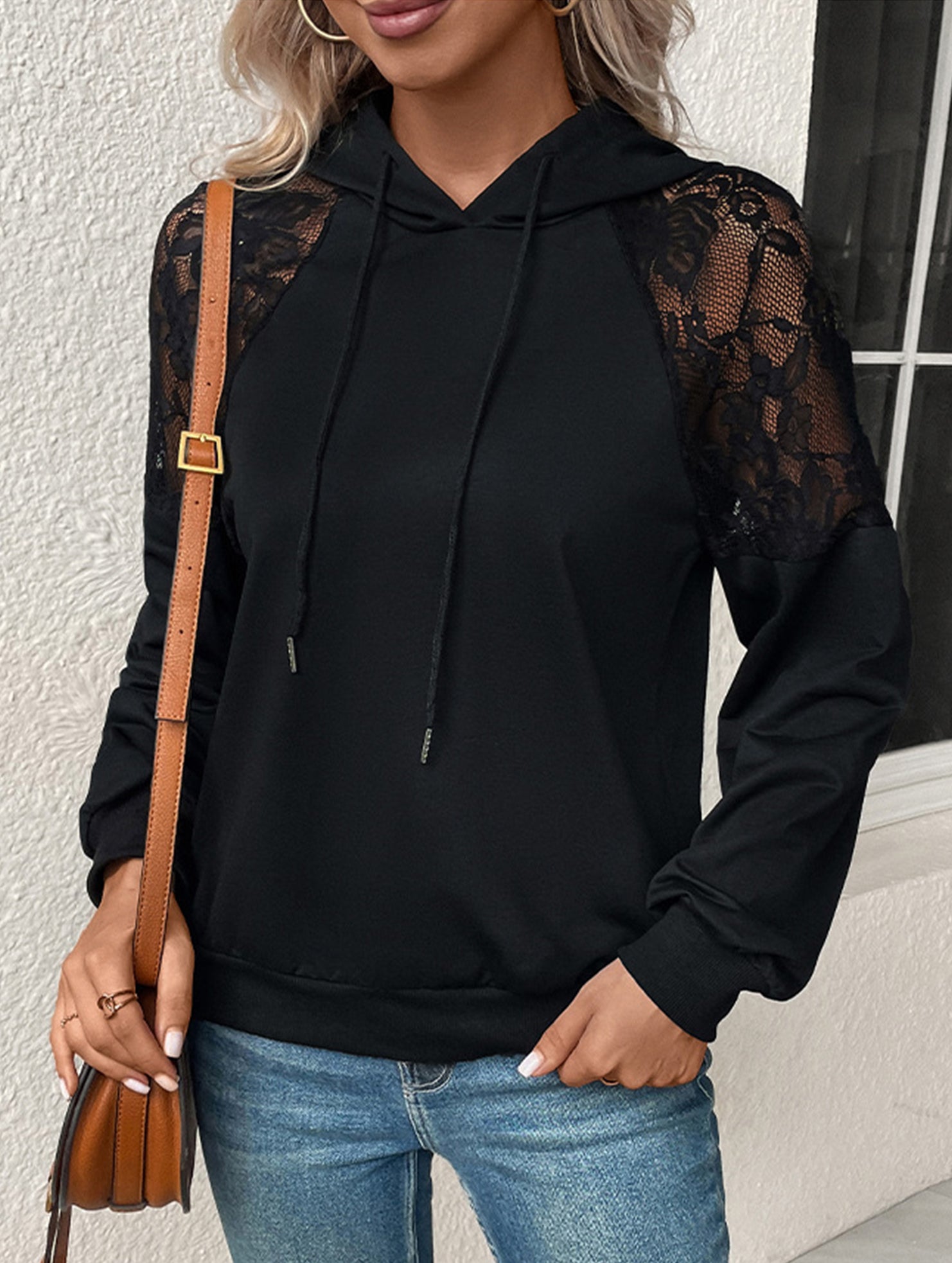 Casual Loose Hooded Lace Panel Top