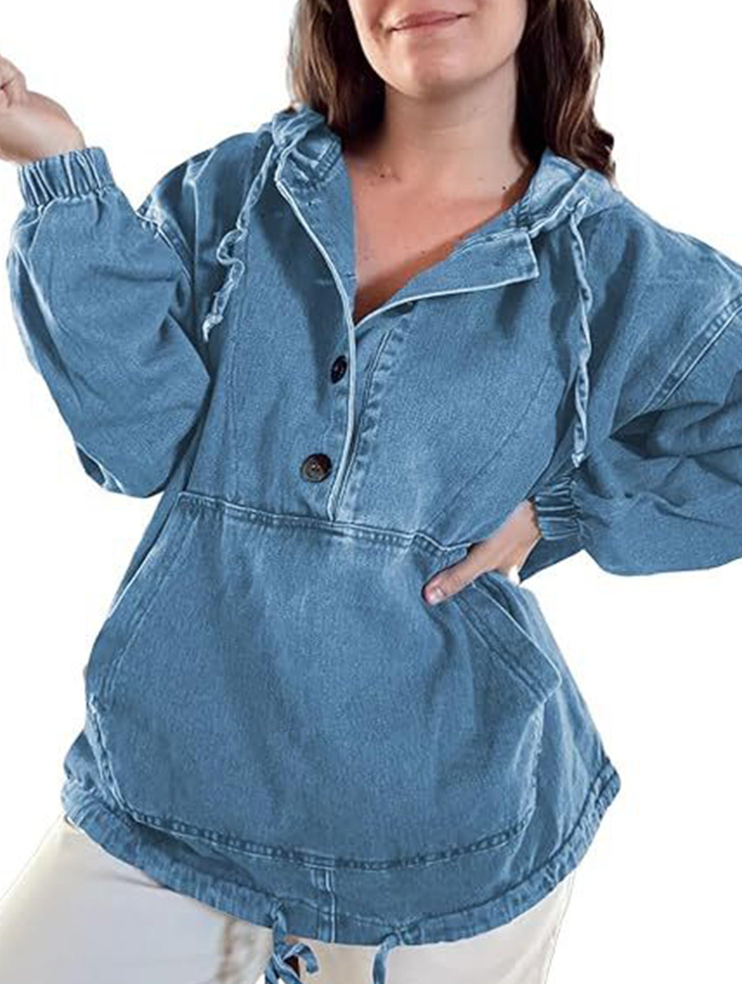 Hoodie Button-Down Pullover Jacket Denim Top