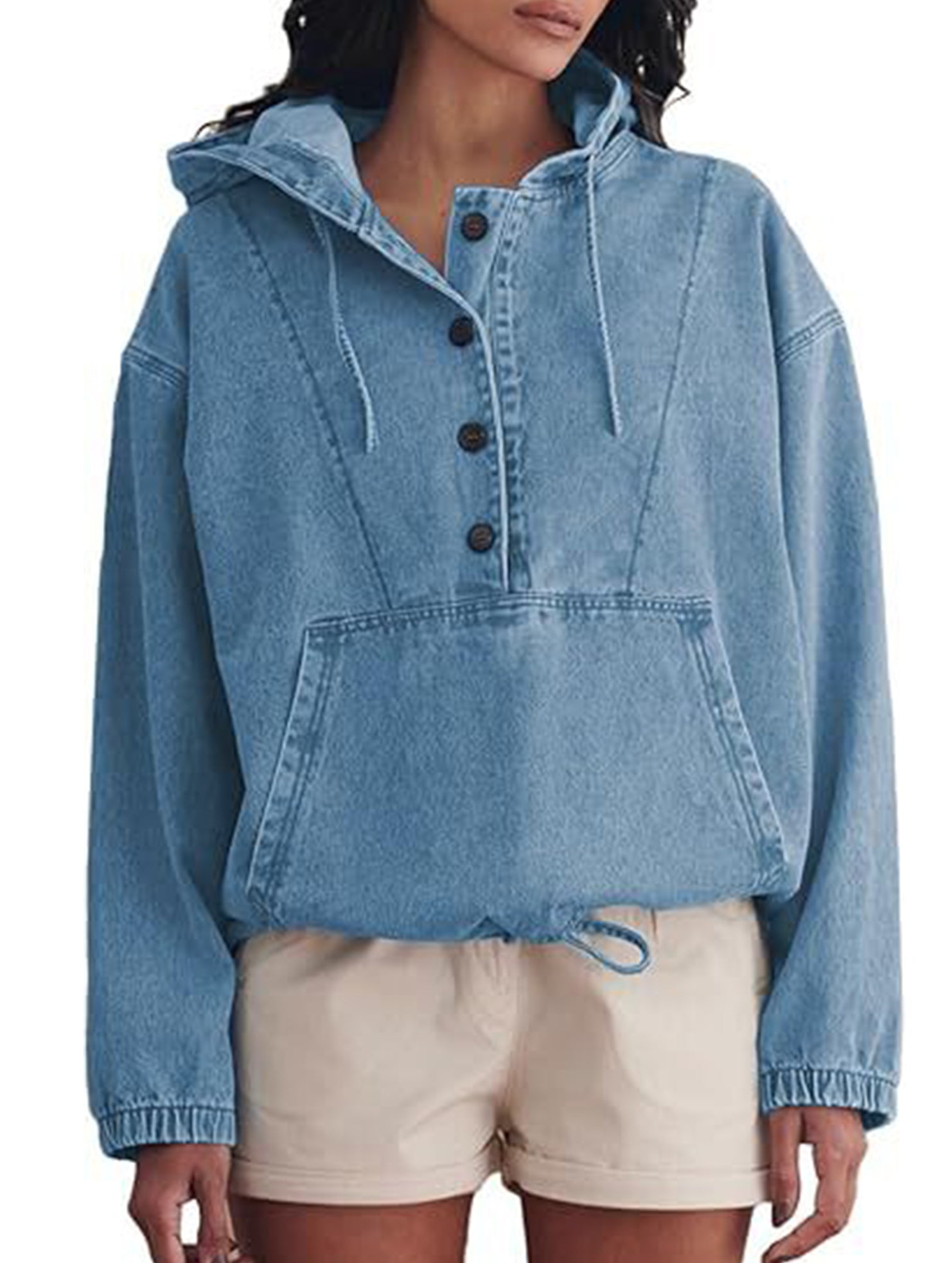 Hoodie Button-Down Pullover Jacket Denim Top