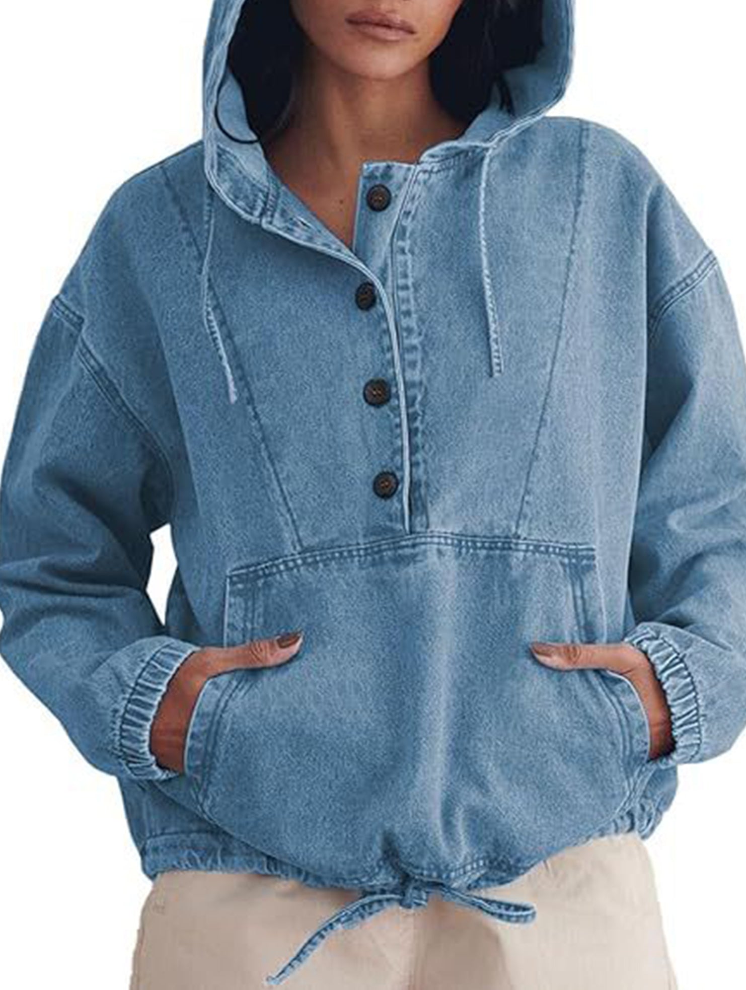 Hoodie Button-Down Pullover Jacket Denim Top