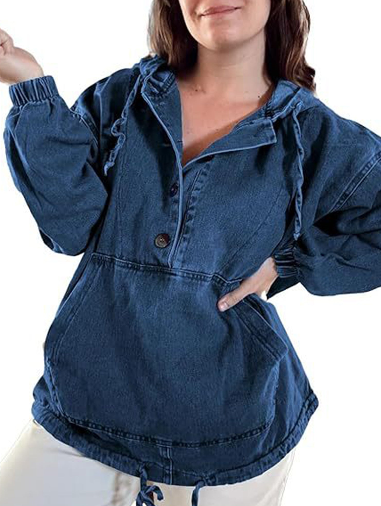 Hoodie Button-Down Pullover Jacket Denim Top