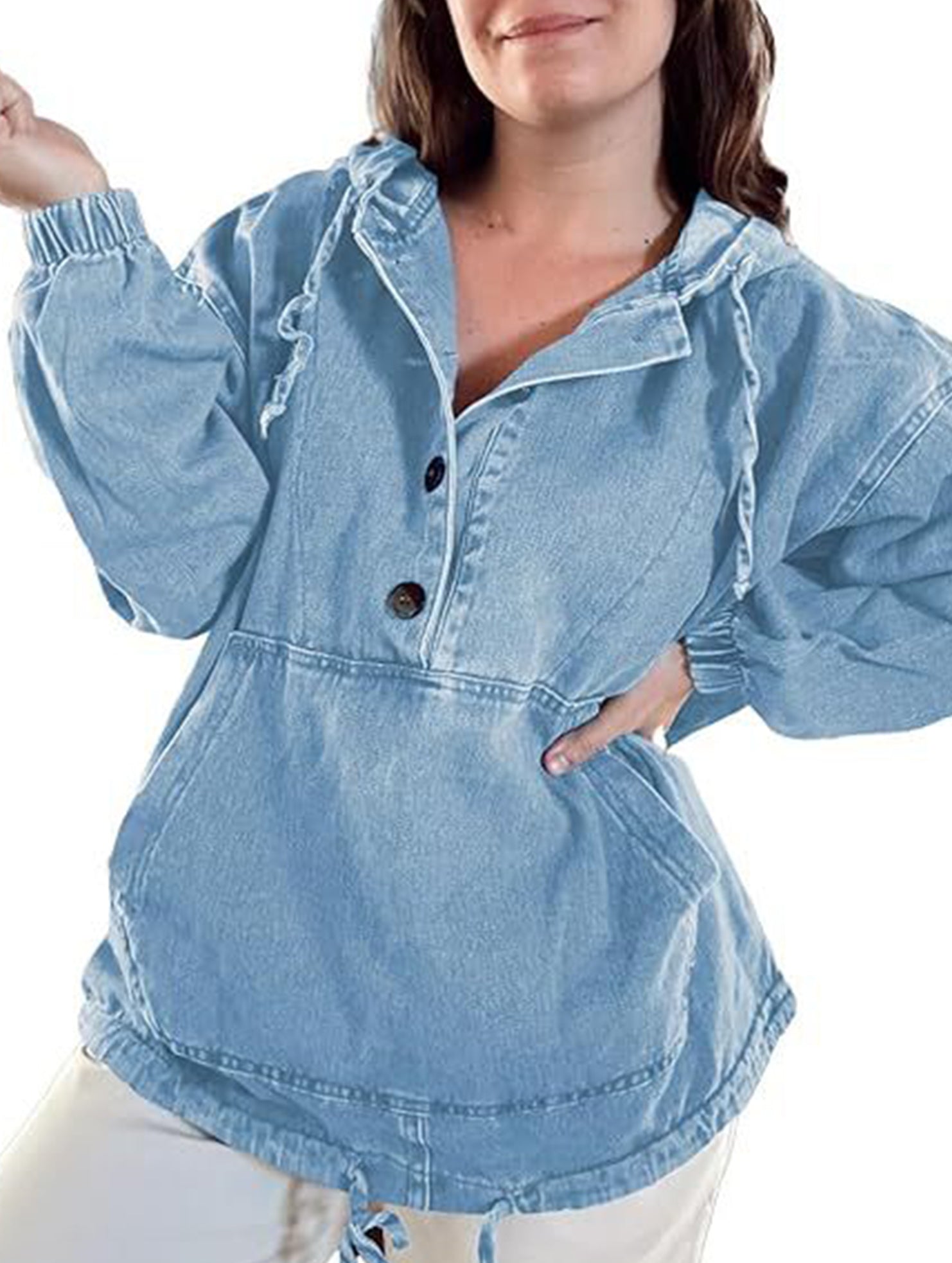 Hoodie Button-Down Pullover Jacket Denim Top