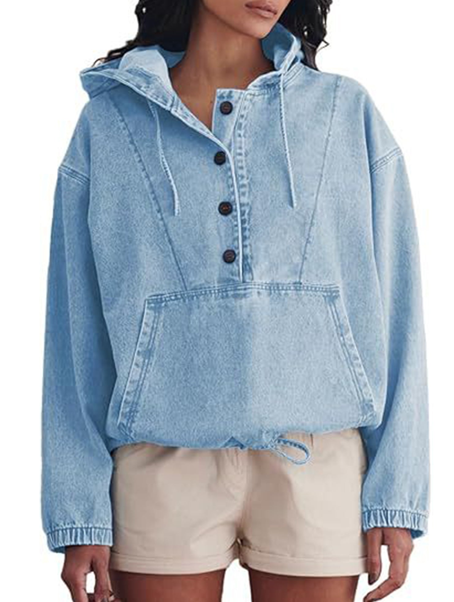 Hoodie Button-Down Pullover Jacket Denim Top