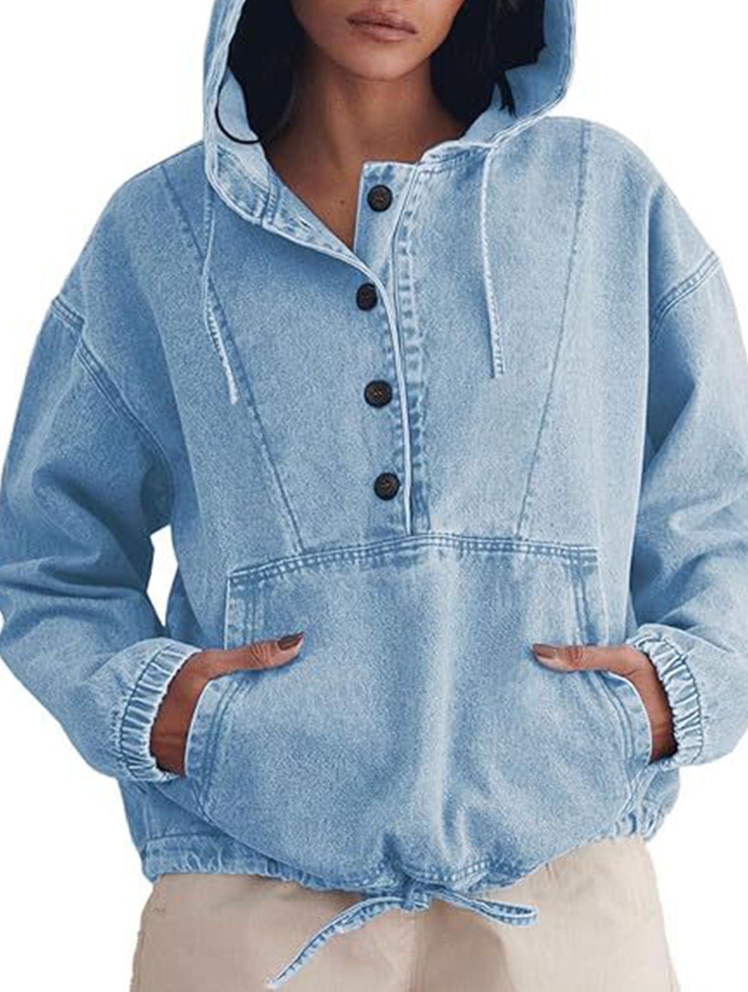 Hoodie Button-Down Pullover Jacket Denim Top