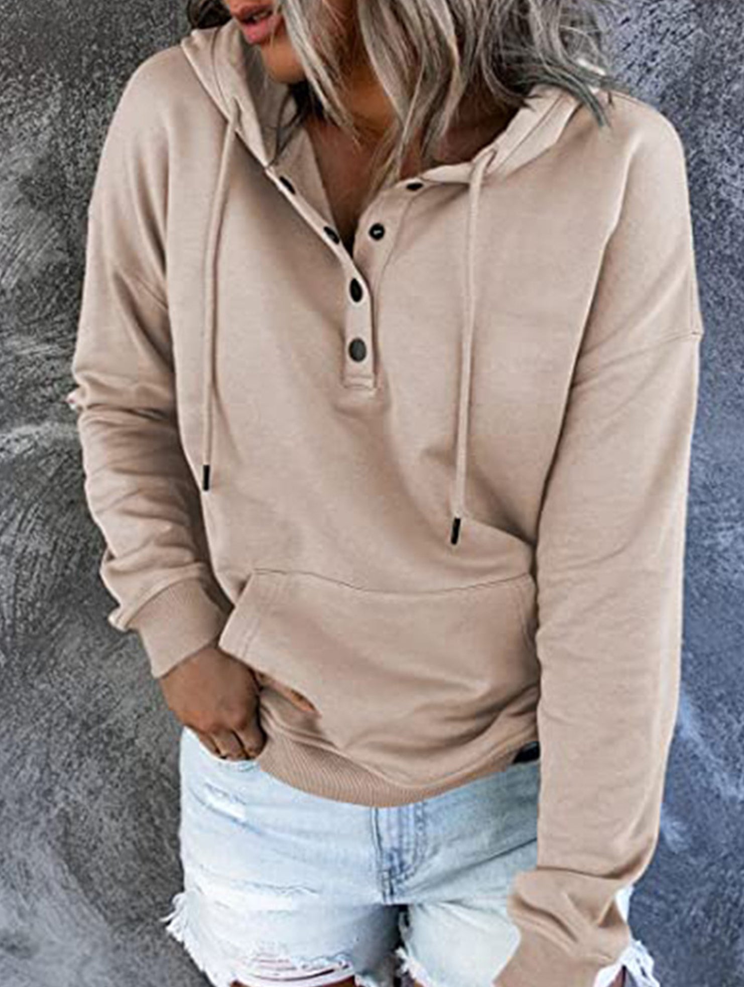 Loose casual hooded drawstring pocket sweatshirt