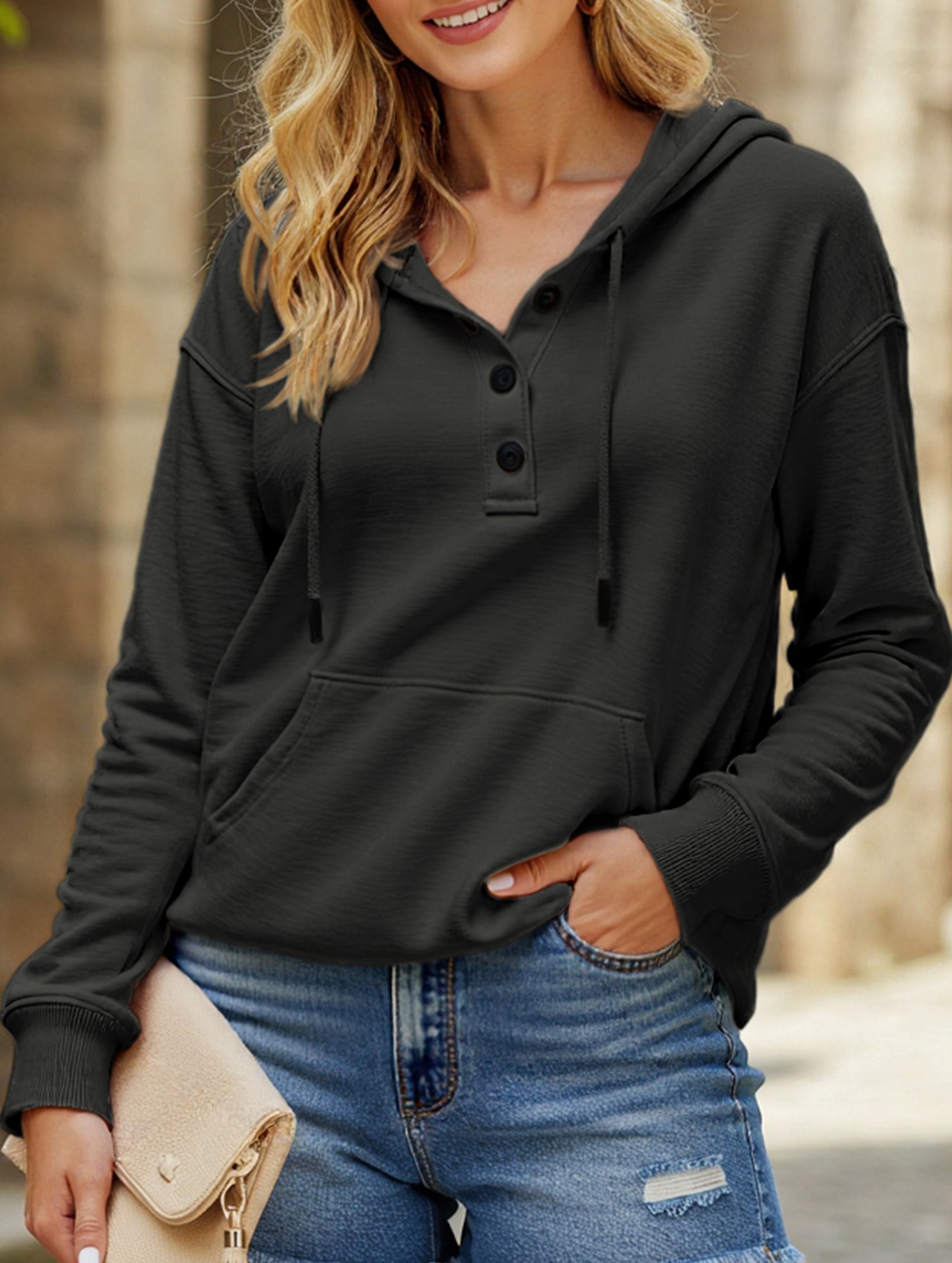 Loose casual hooded drawstring pocket sweatshirt
