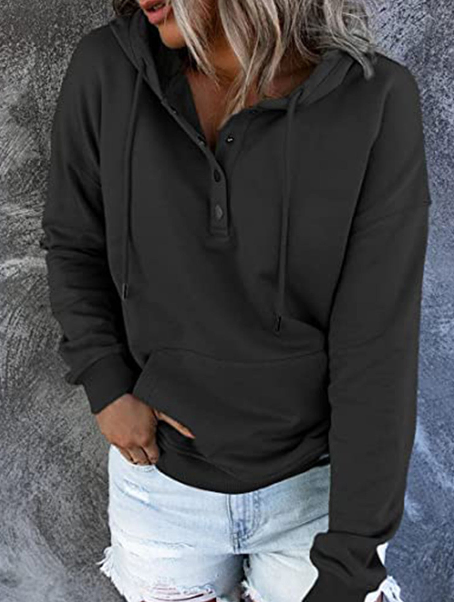 Loose casual hooded drawstring pocket sweatshirt