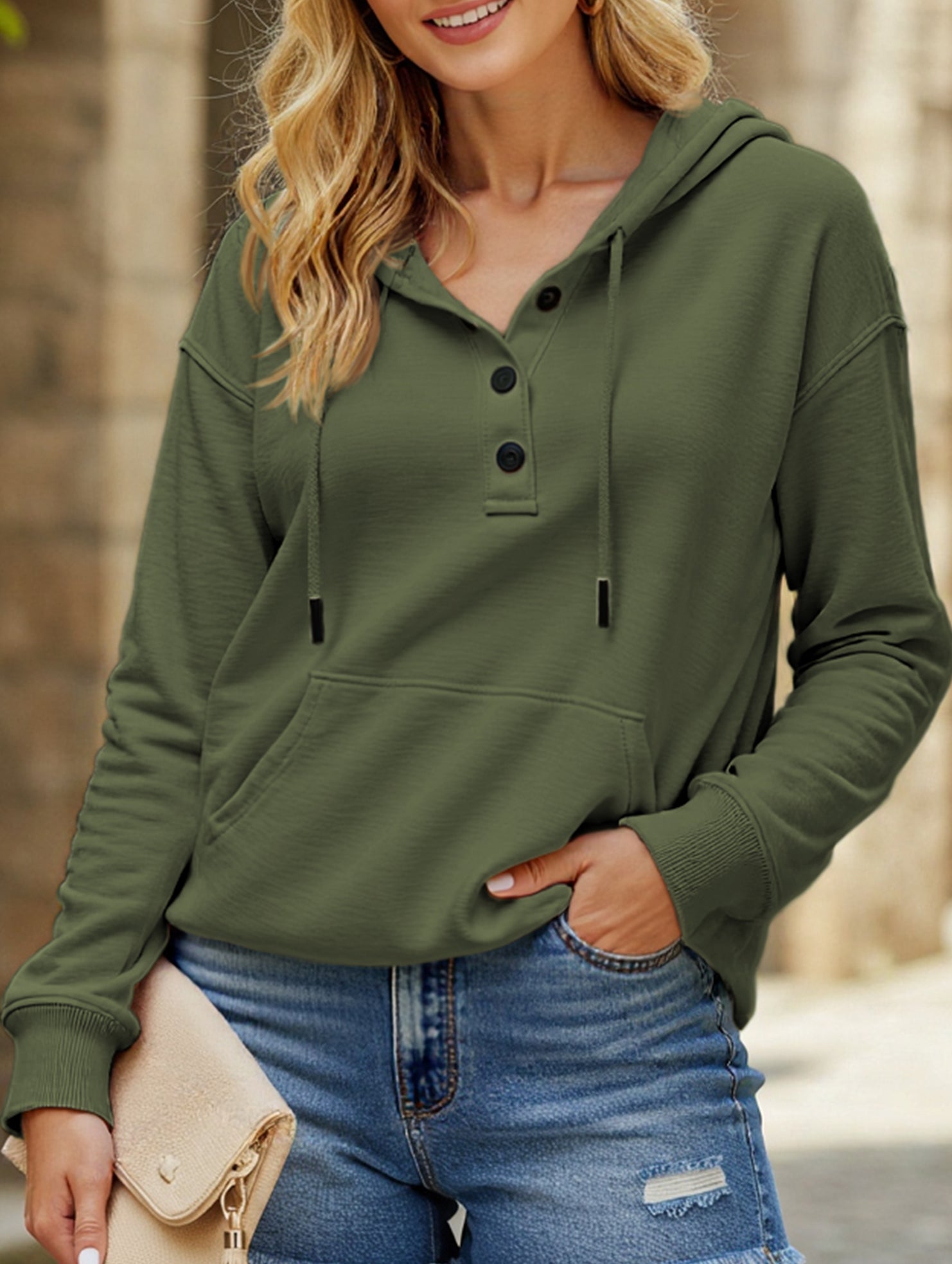 Loose casual hooded drawstring pocket sweatshirt