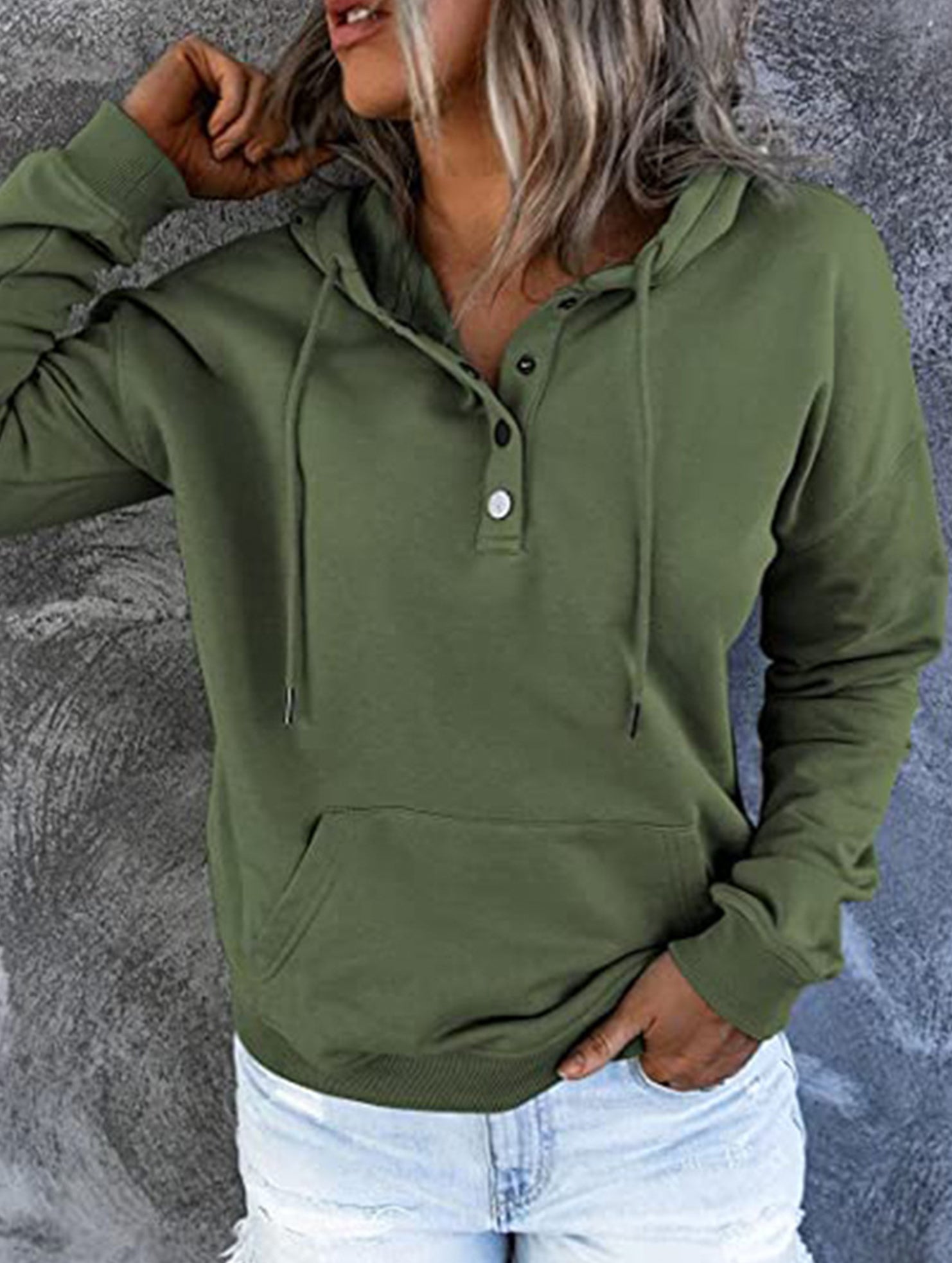 Loose casual hooded drawstring pocket sweatshirt