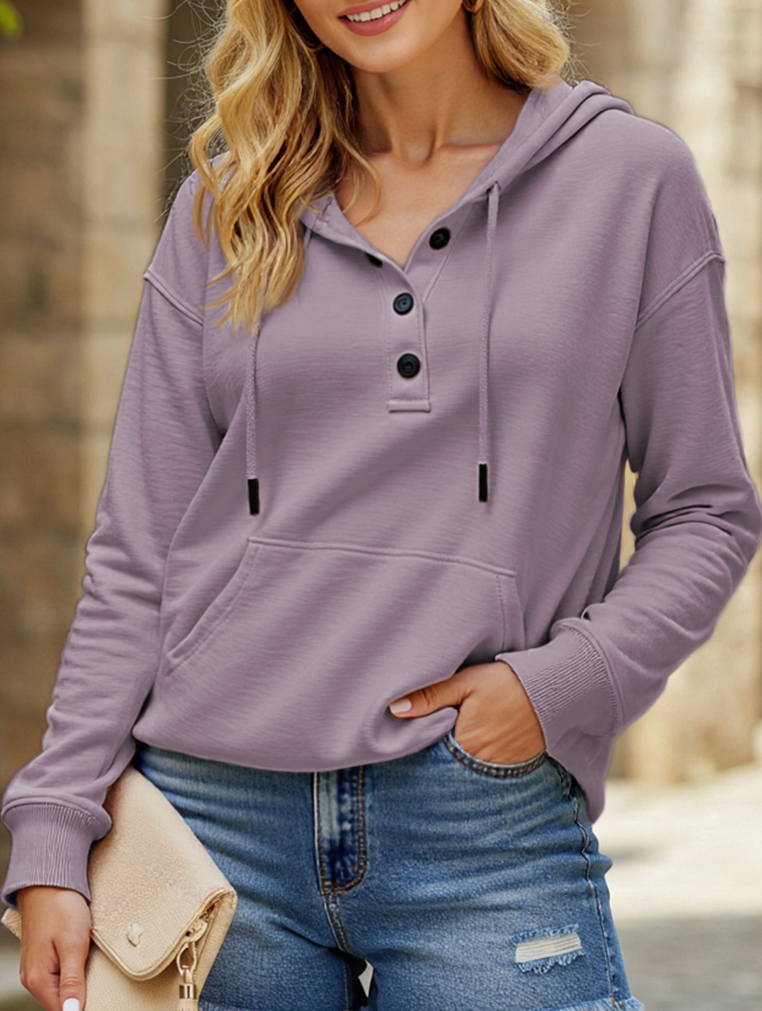 Loose casual hooded drawstring pocket sweatshirt