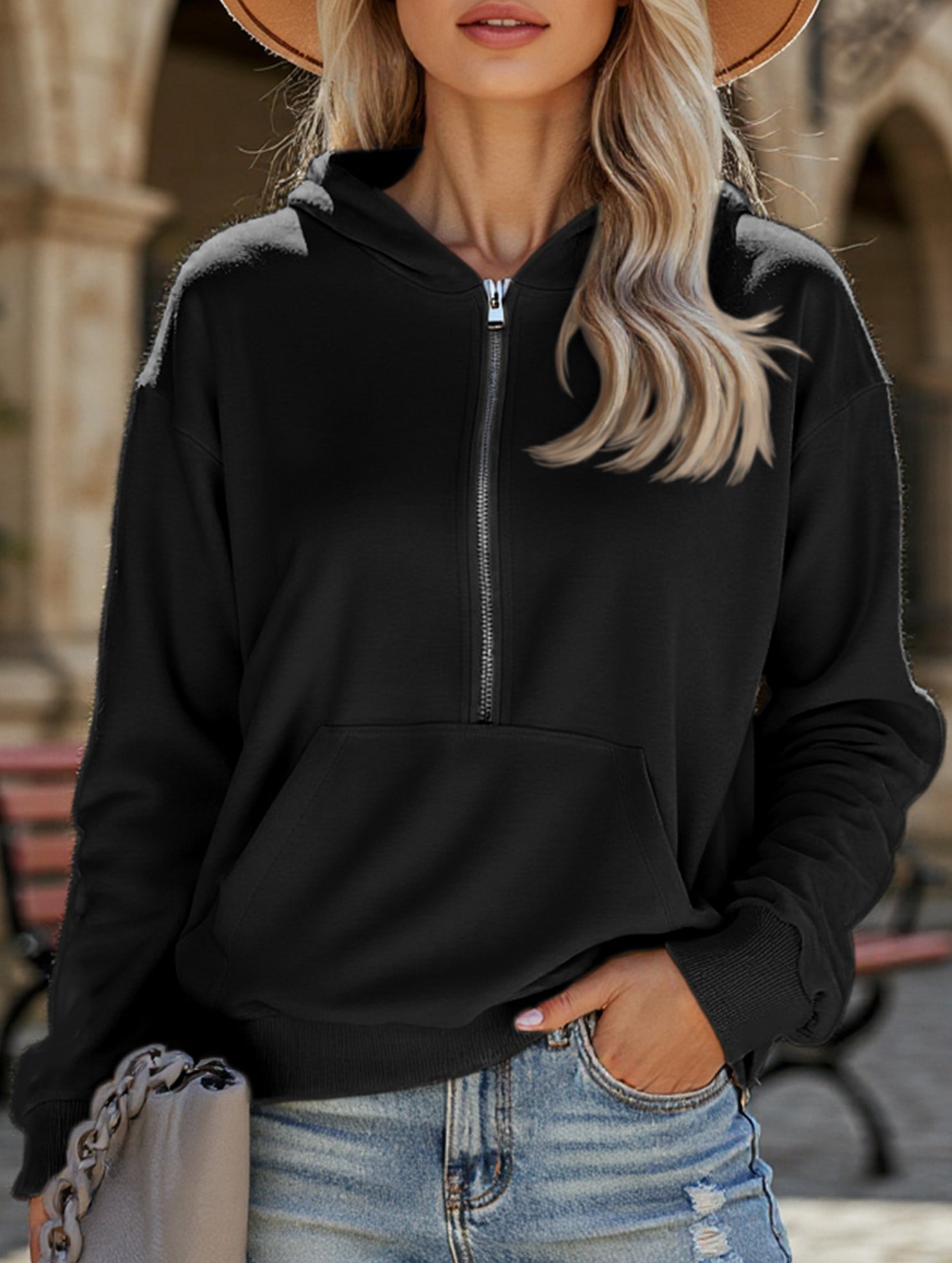 Hooded Loose Long Sleeve Zipper Pocket Sweatshirt