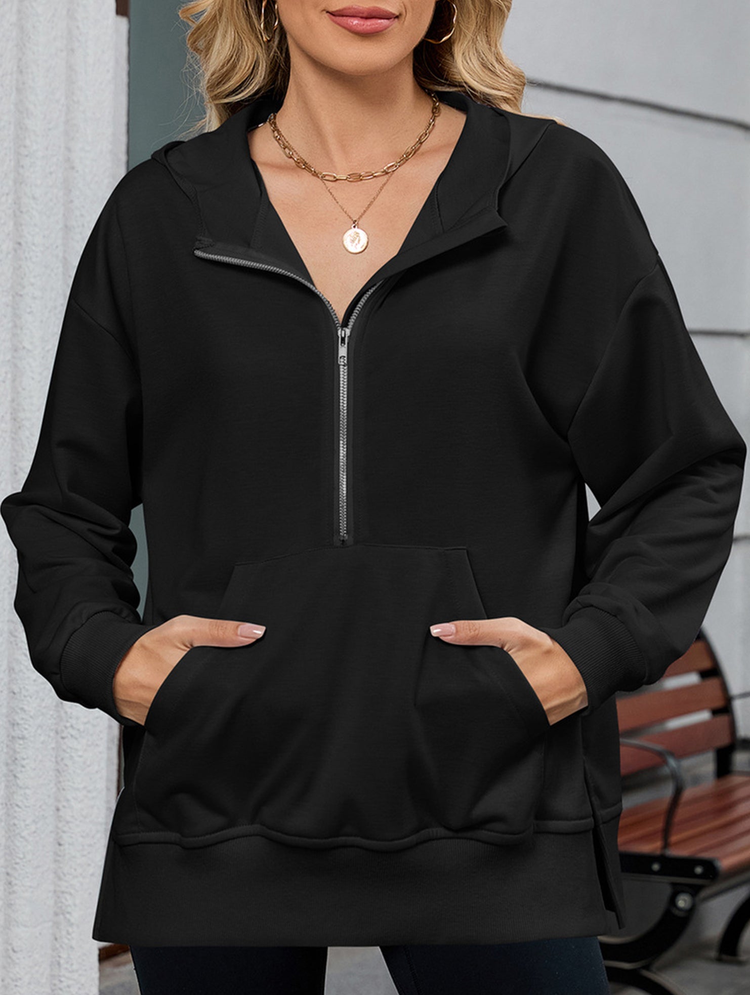 Hooded Loose Long Sleeve Zipper Pocket Sweatshirt