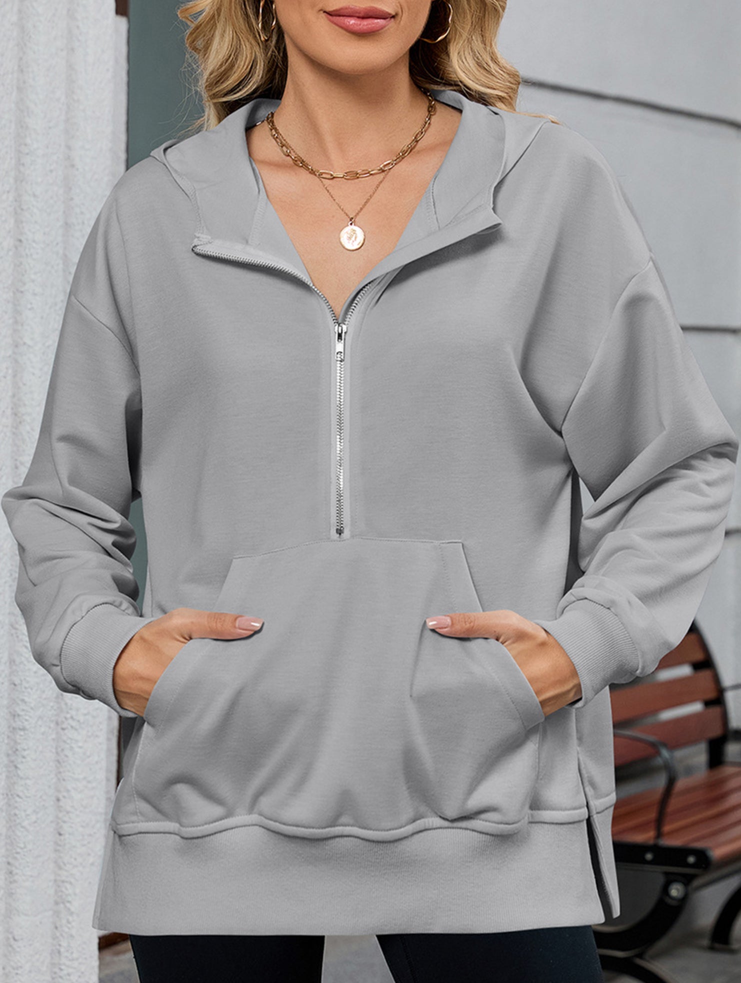 Hooded Loose Long Sleeve Zipper Pocket Sweatshirt