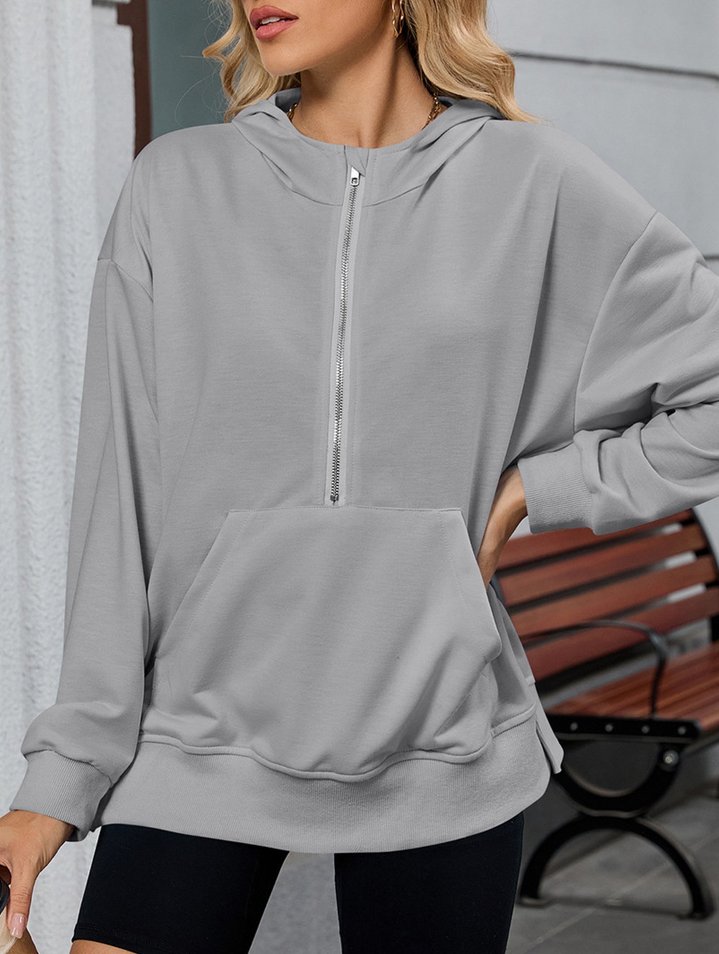 Hooded Loose Long Sleeve Zipper Pocket Sweatshirt