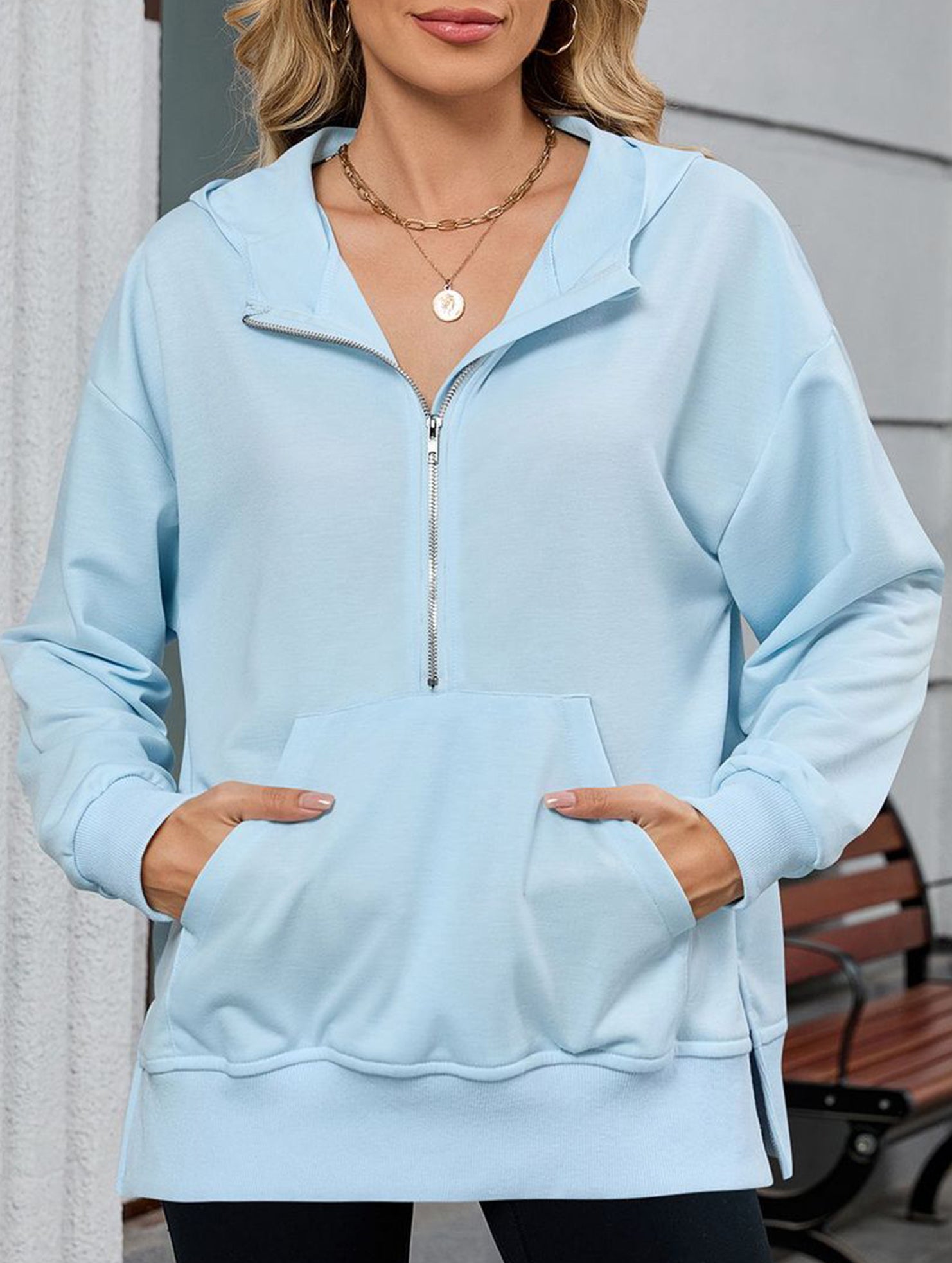 Hooded Loose Long Sleeve Zipper Pocket Sweatshirt