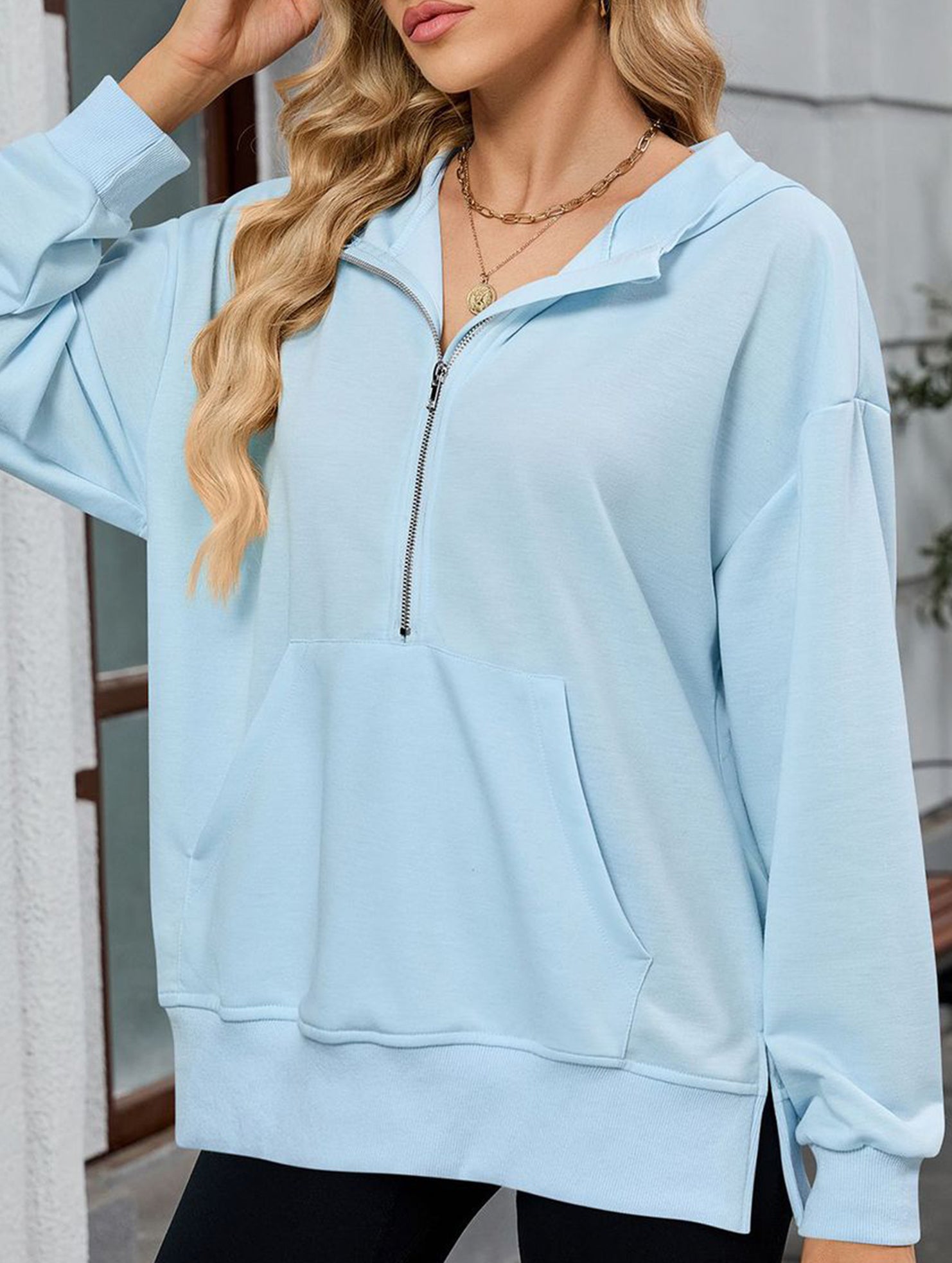 Hooded Loose Long Sleeve Zipper Pocket Sweatshirt