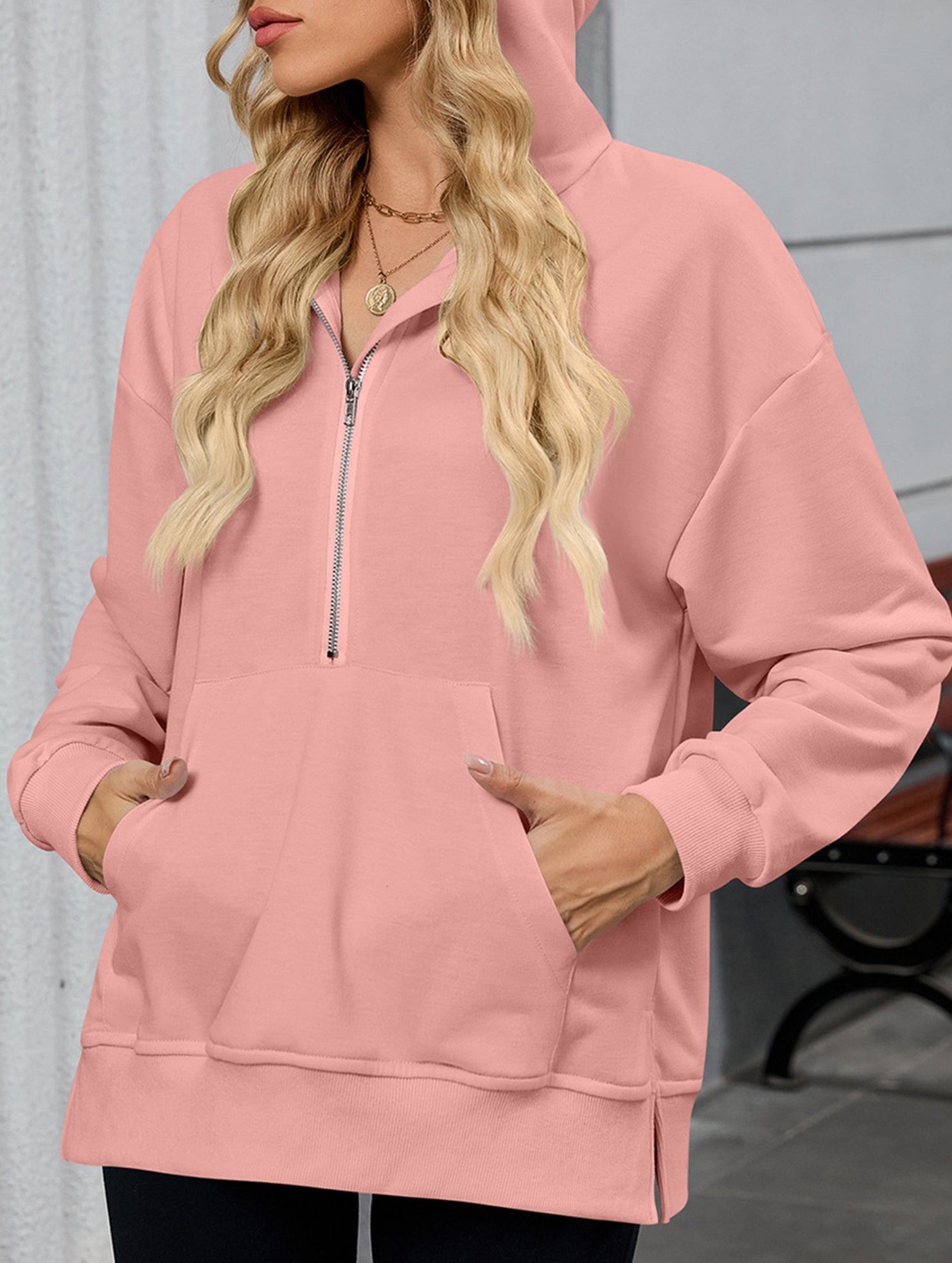 Hooded Loose Long Sleeve Zipper Pocket Sweatshirt