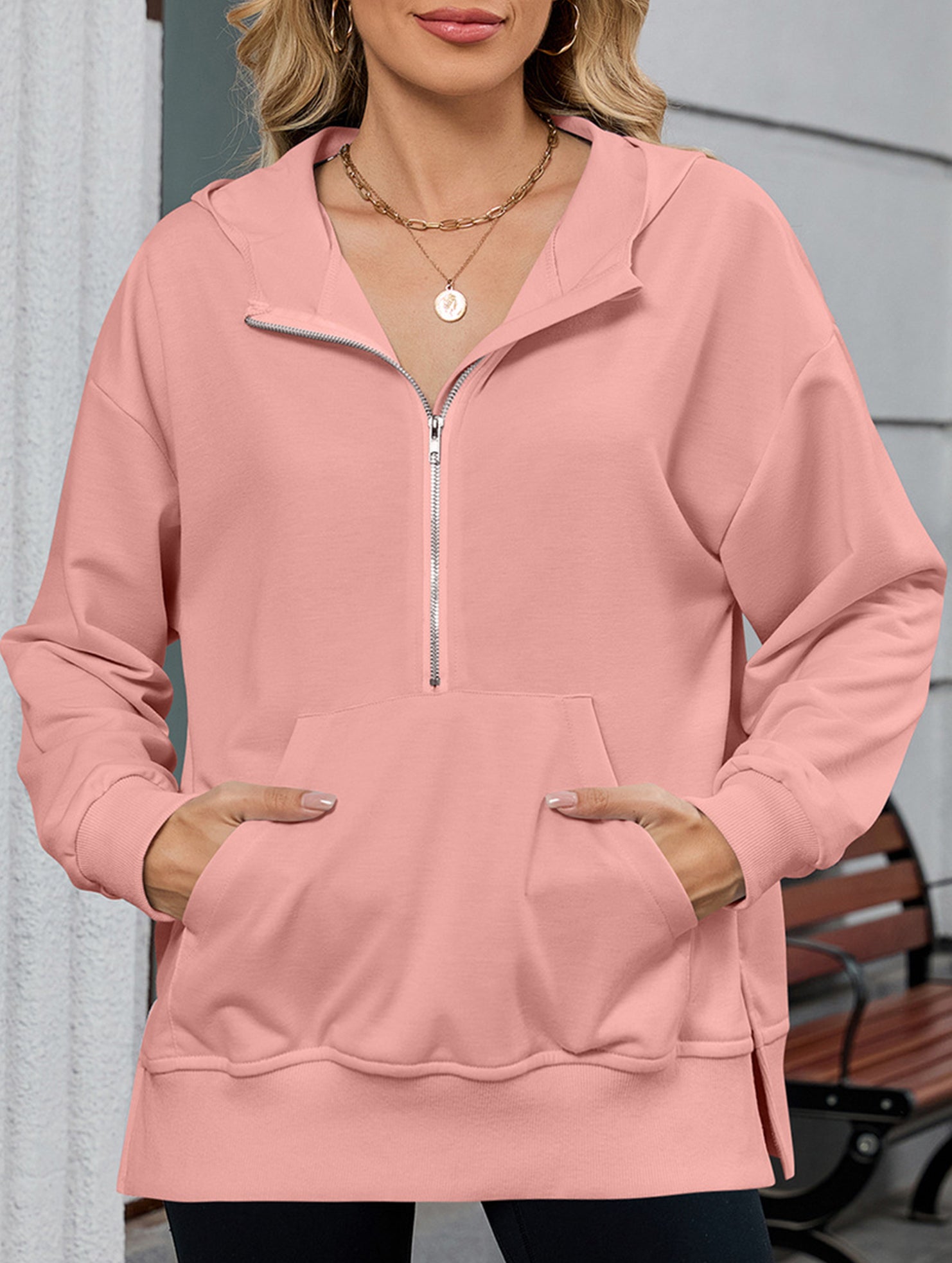 Hooded Loose Long Sleeve Zipper Pocket Sweatshirt