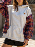 grey and red checkered pattern hooded sweatshirt