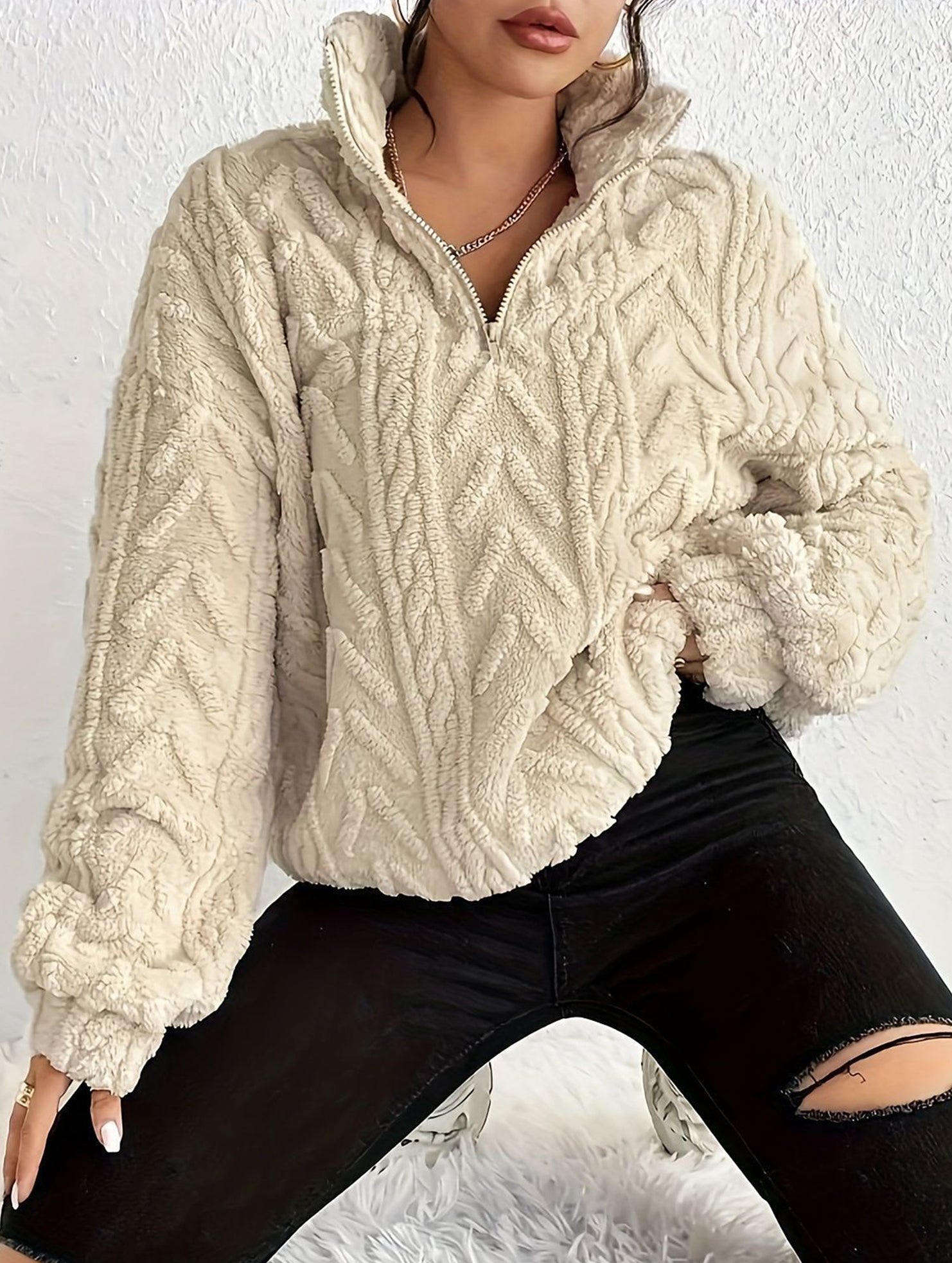 Double-sided plush zip-up pullover top