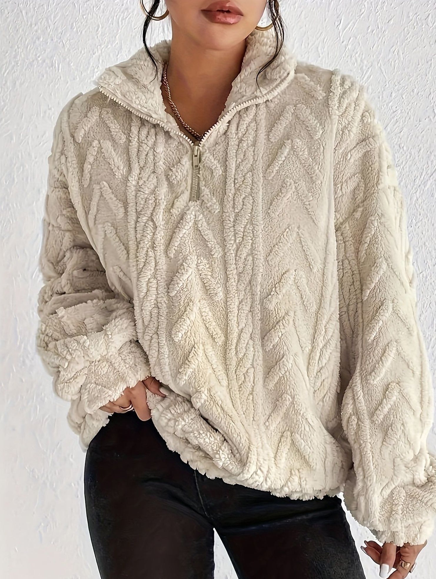 Double-sided plush zip-up pullover top