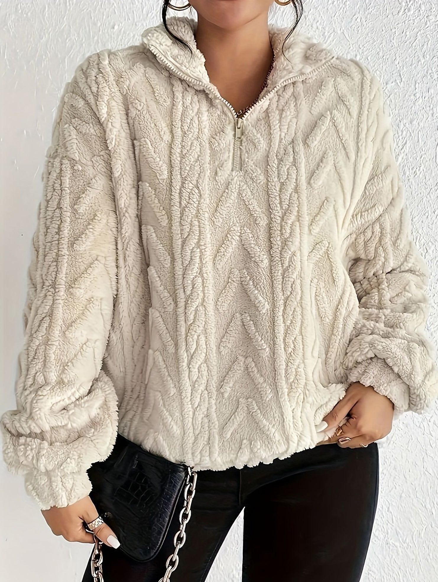 Double-sided plush zip-up pullover top