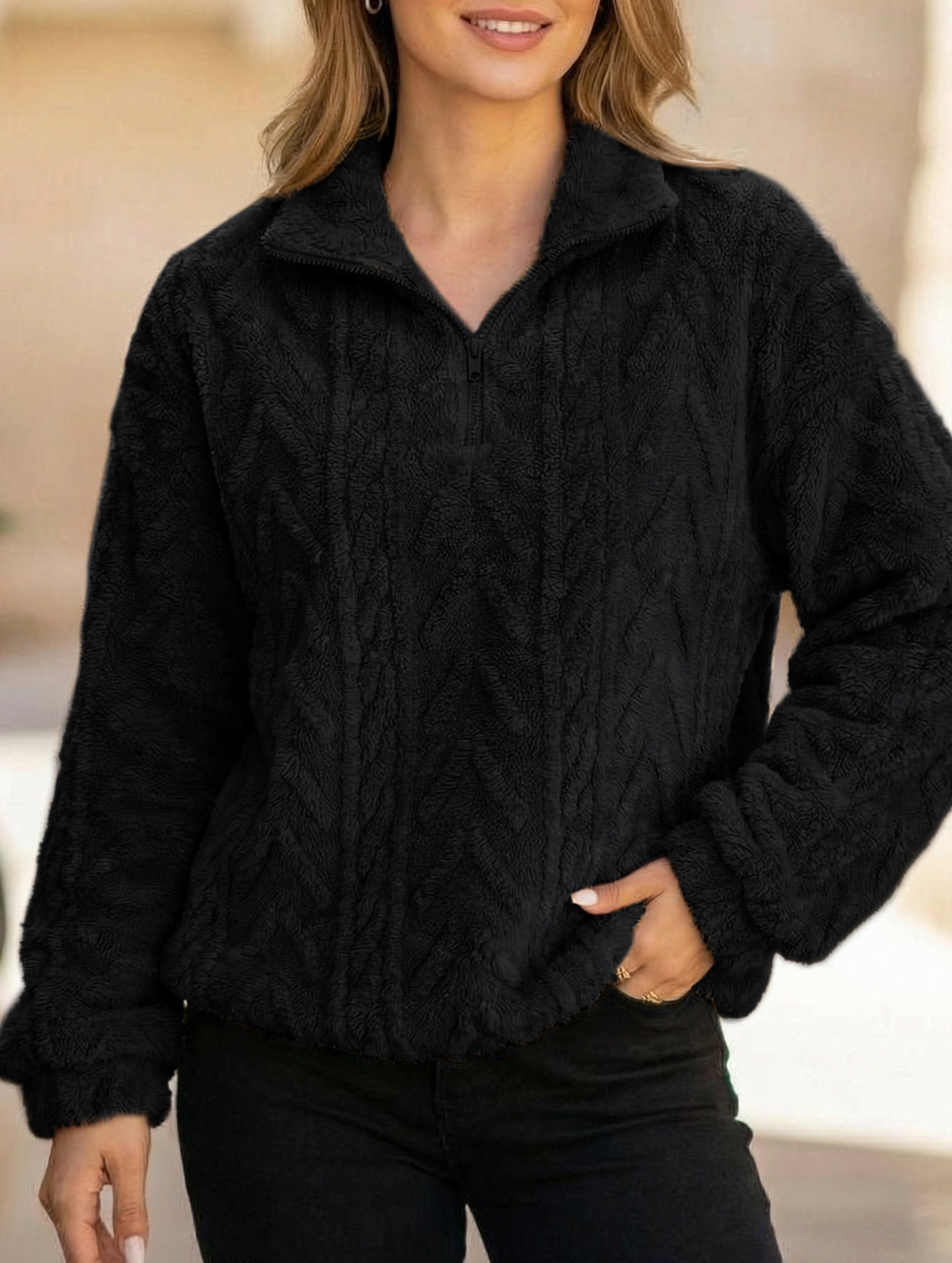 Double-sided plush zip-up pullover top