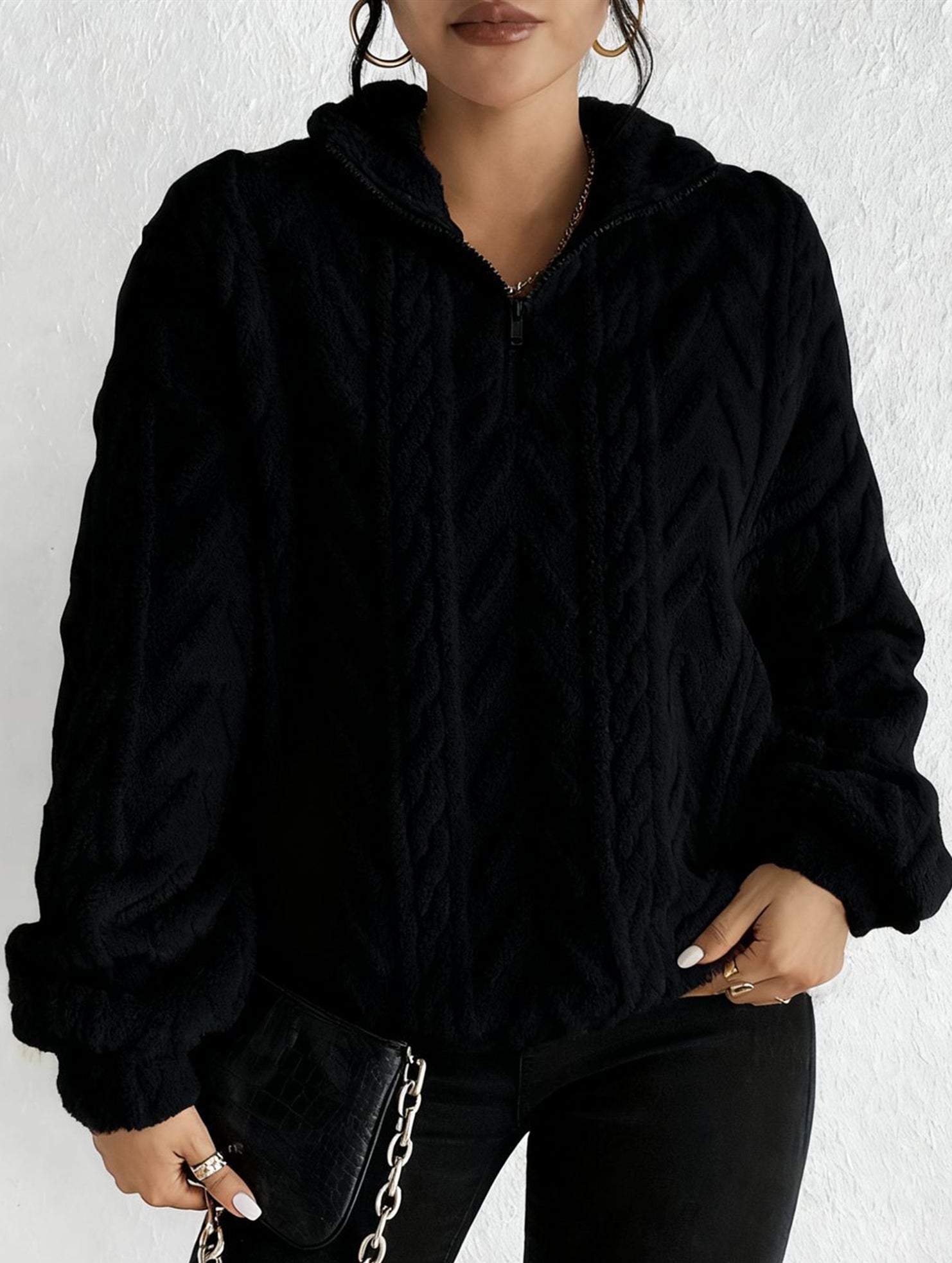 Double-sided plush zip-up pullover top
