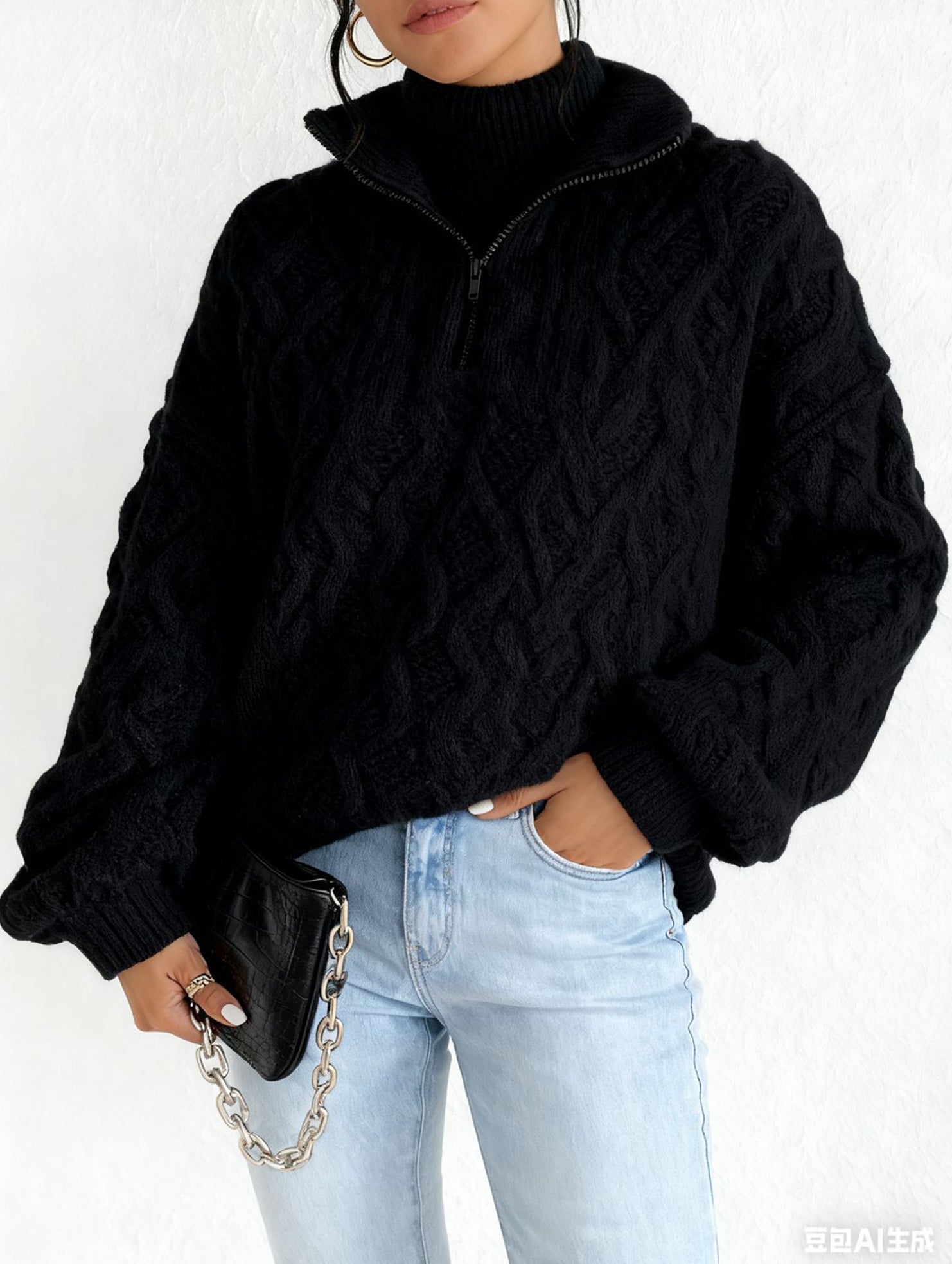 Double-sided plush zip-up pullover top