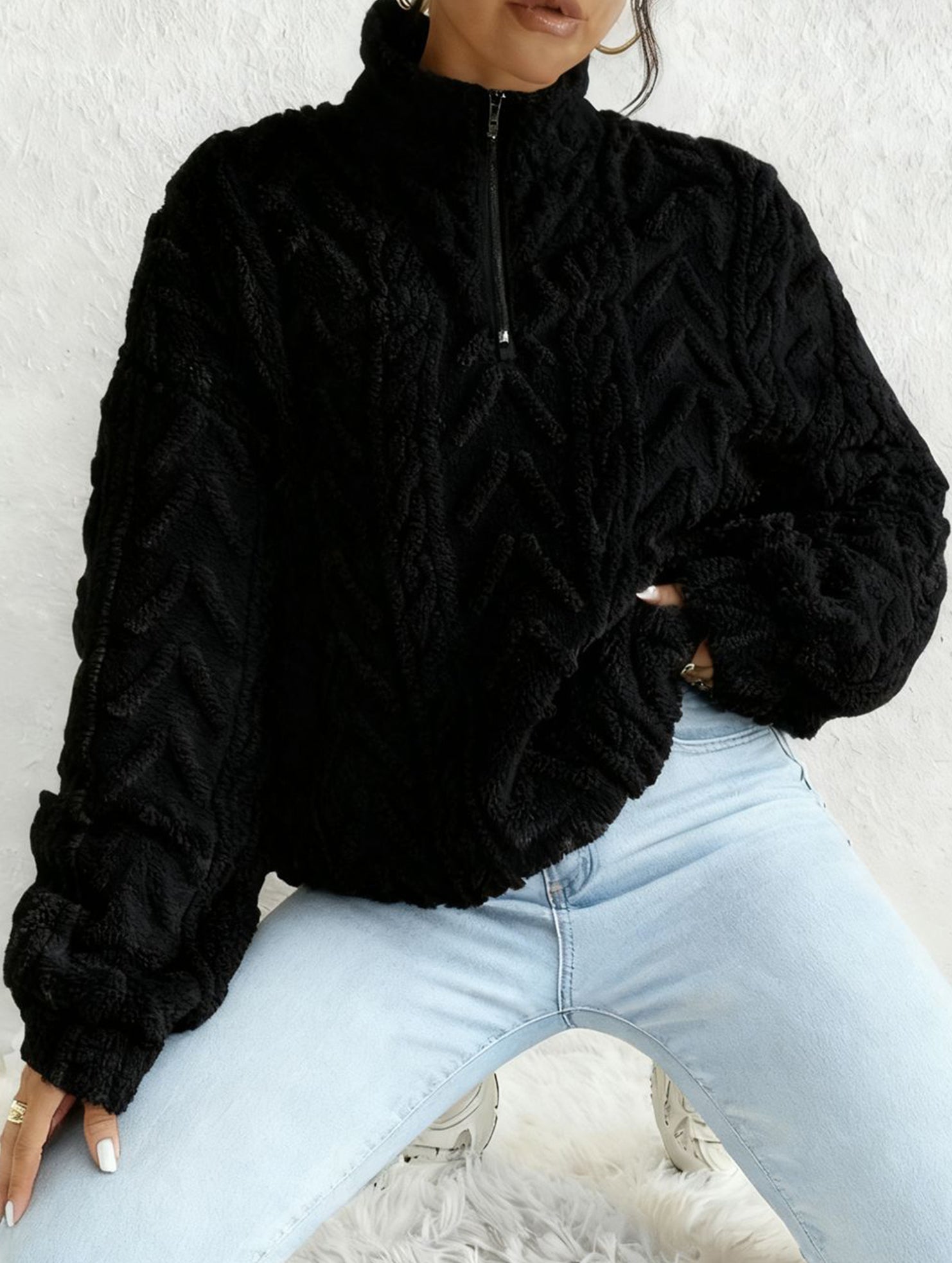 Double-sided plush zip-up pullover top