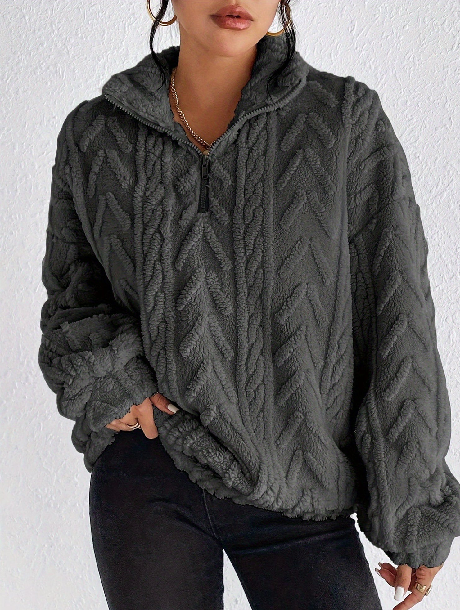 Double-sided plush zip-up pullover top