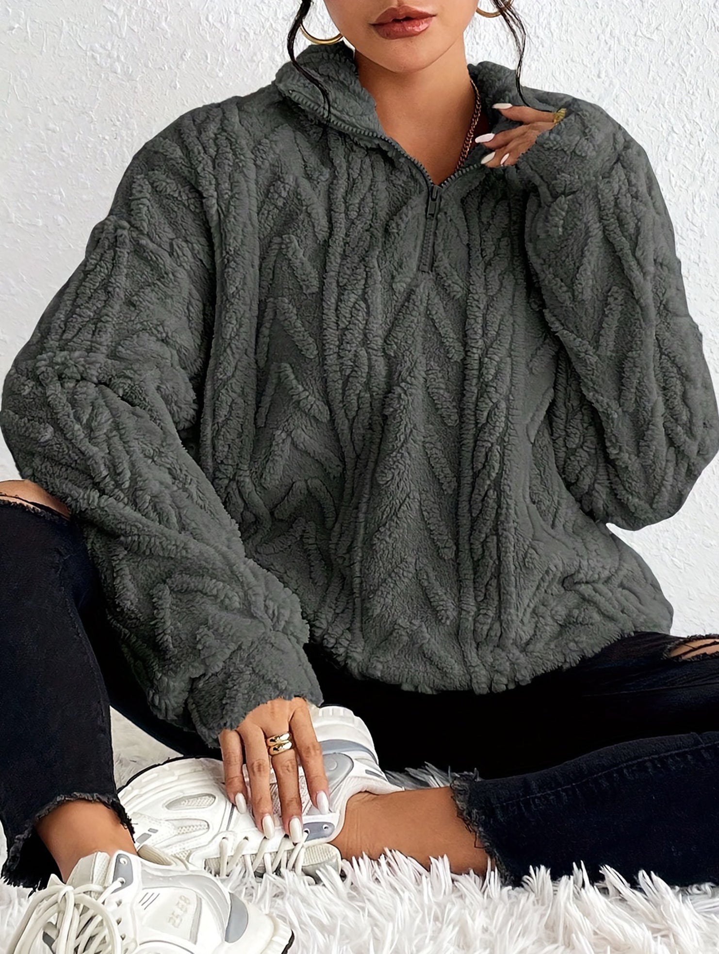Double-sided plush zip-up pullover top