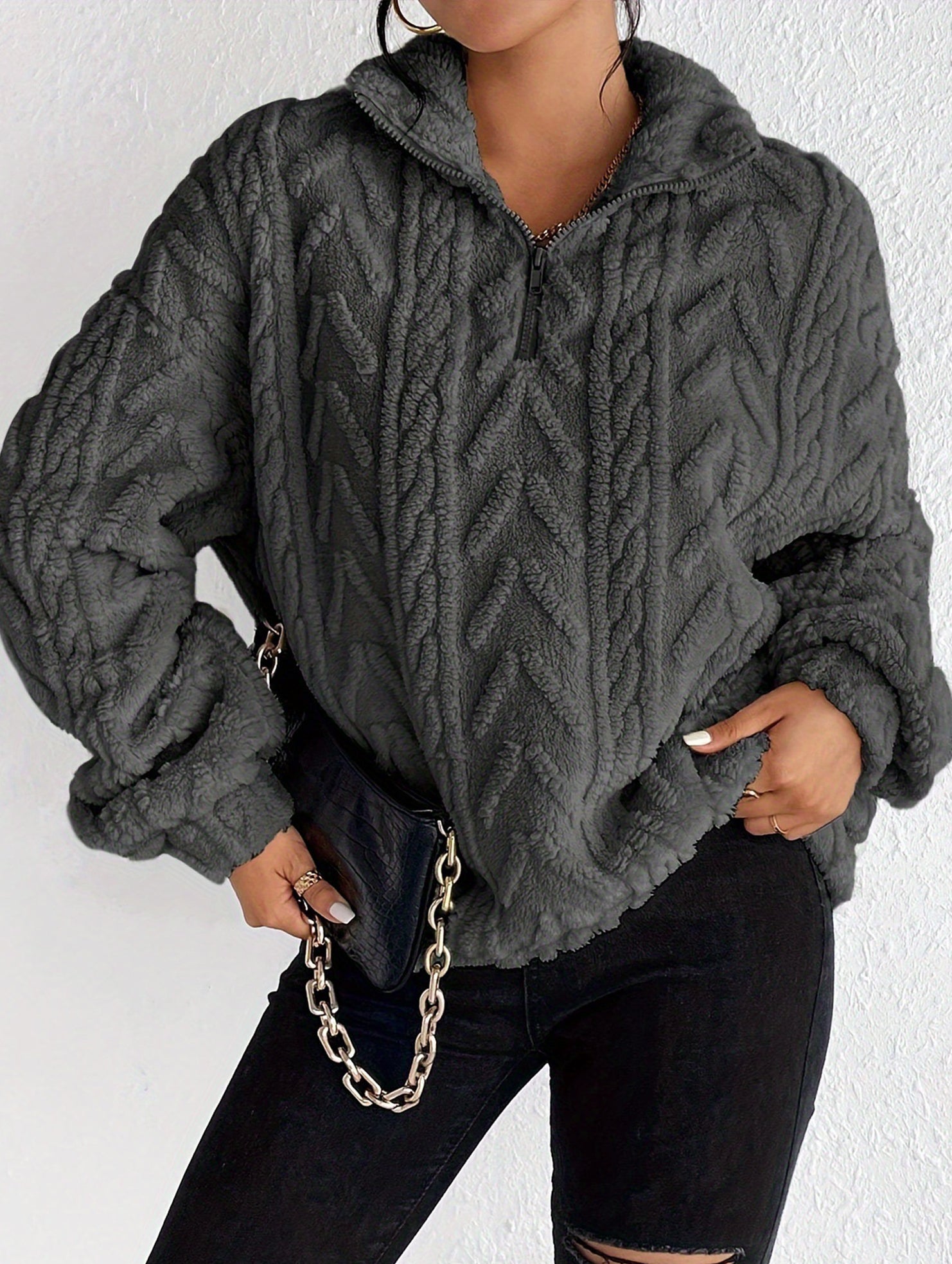 Double-sided plush zip-up pullover top