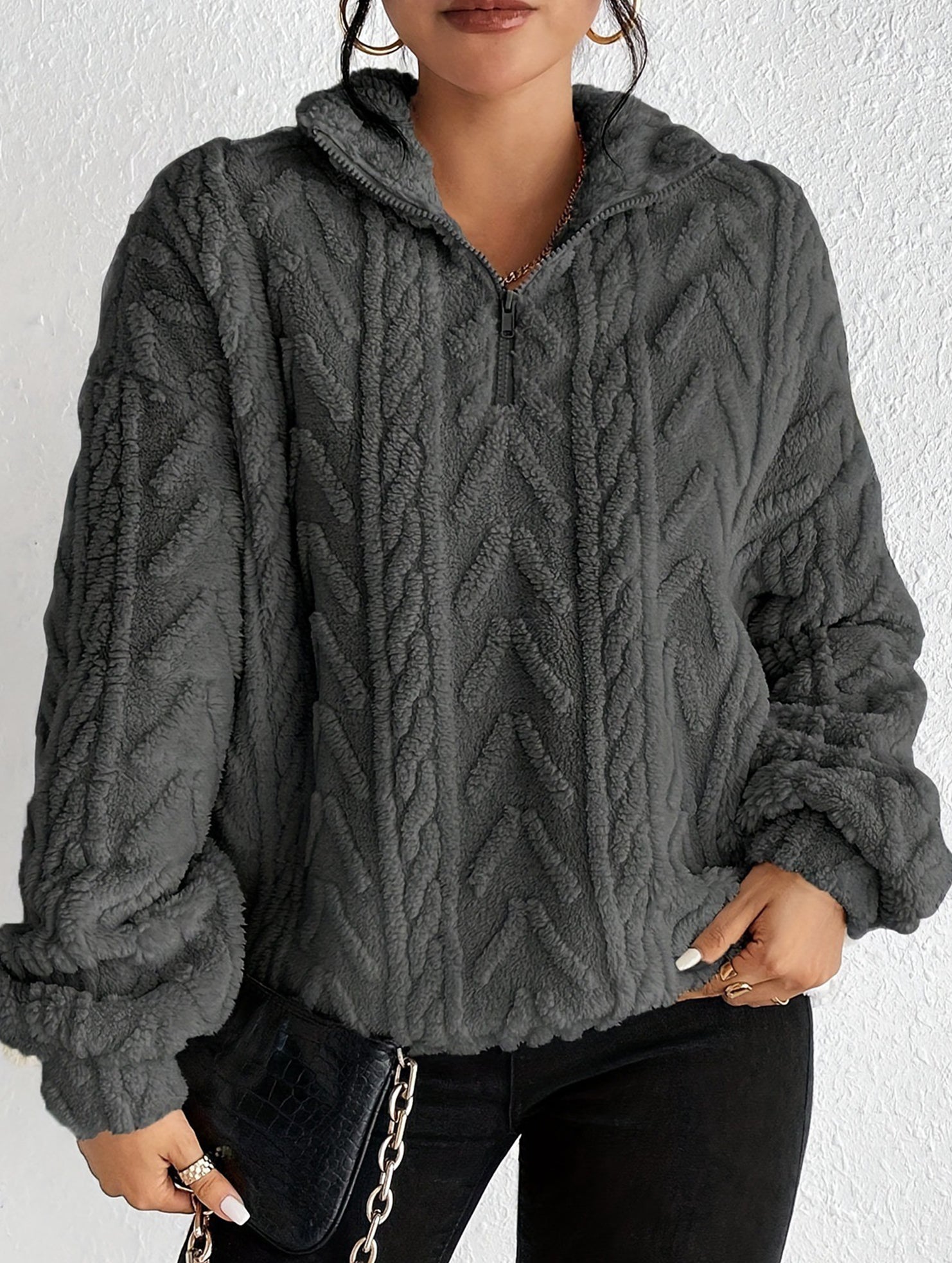 Double-sided plush zip-up pullover top