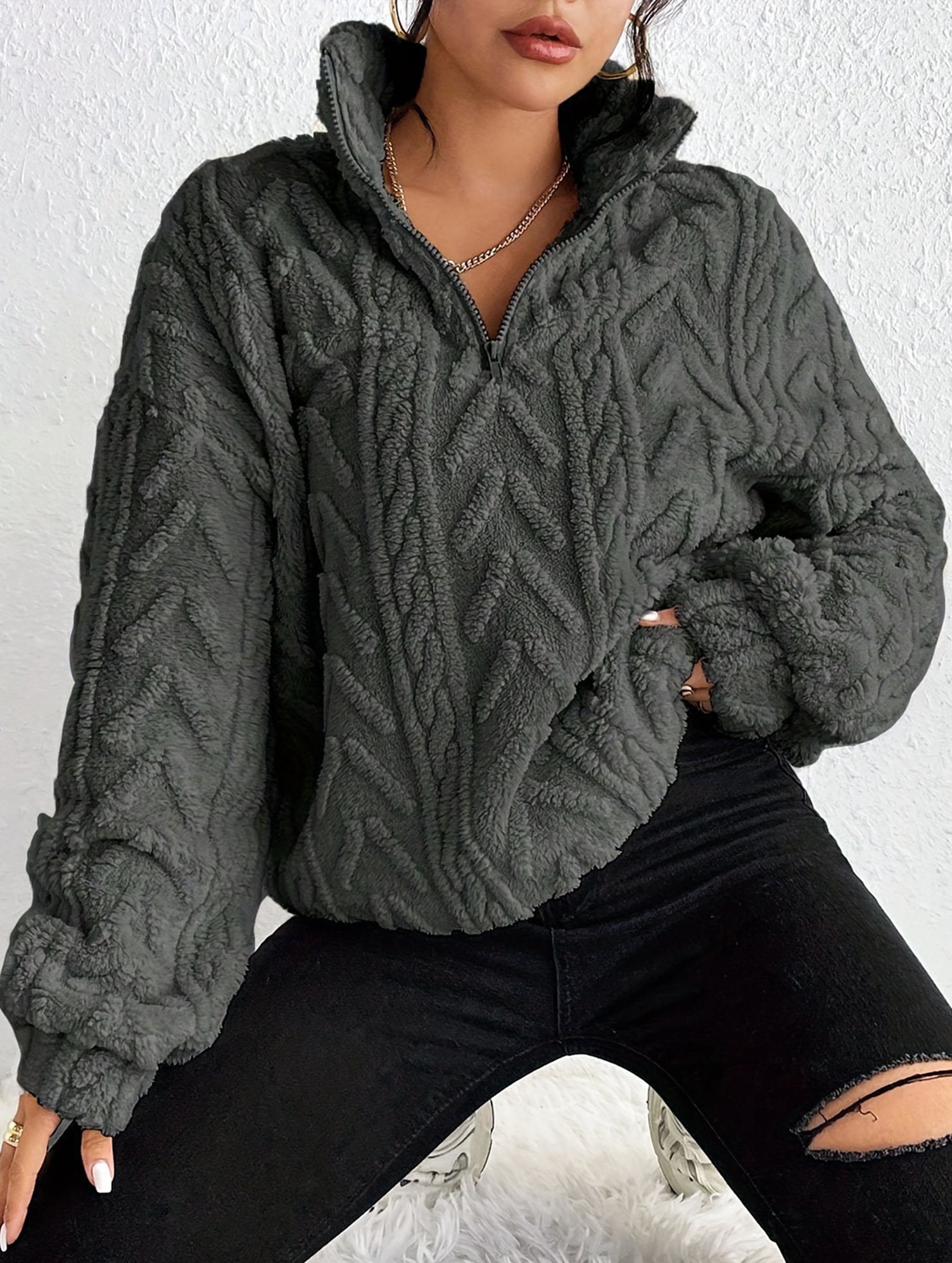 Double-sided plush zip-up pullover top
