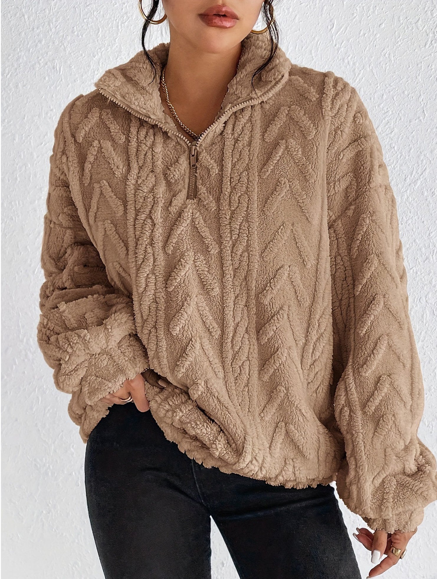 Double-sided plush zip-up pullover top