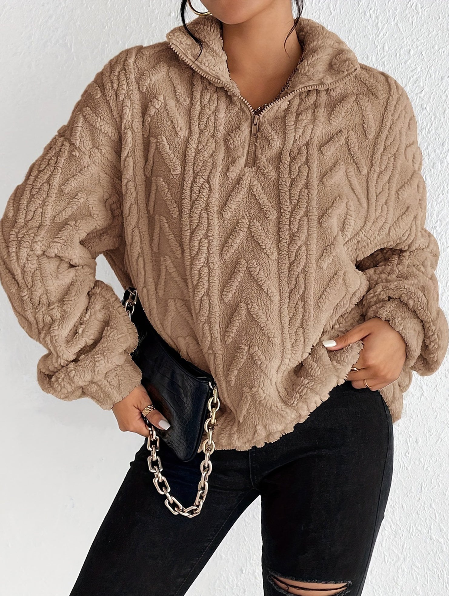 Double-sided plush zip-up pullover top