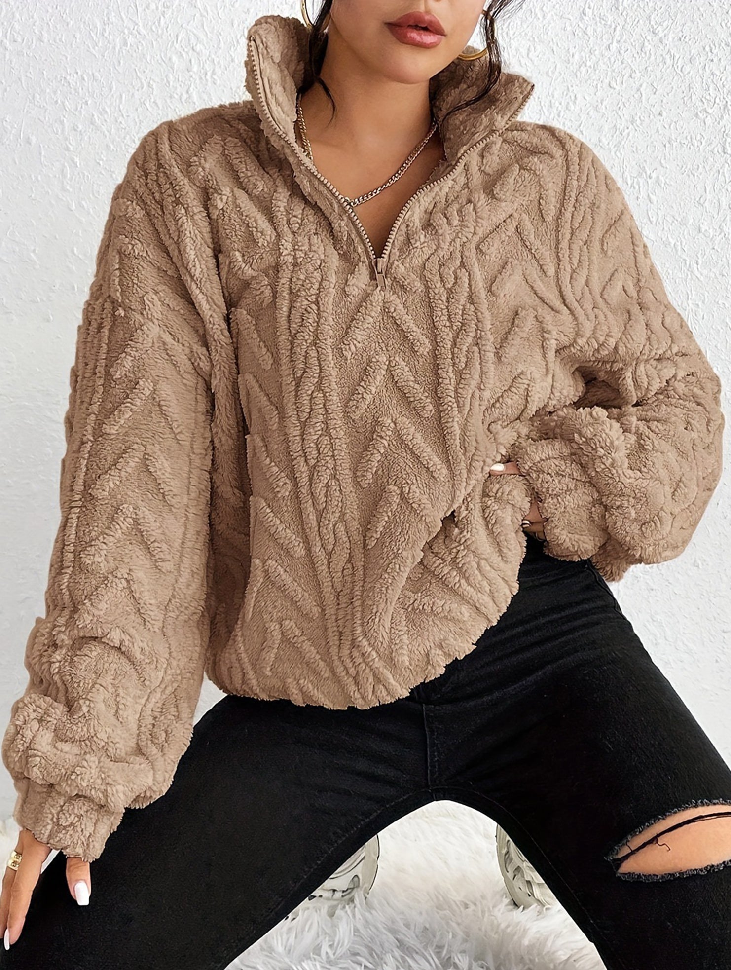 Double-sided plush zip-up pullover top