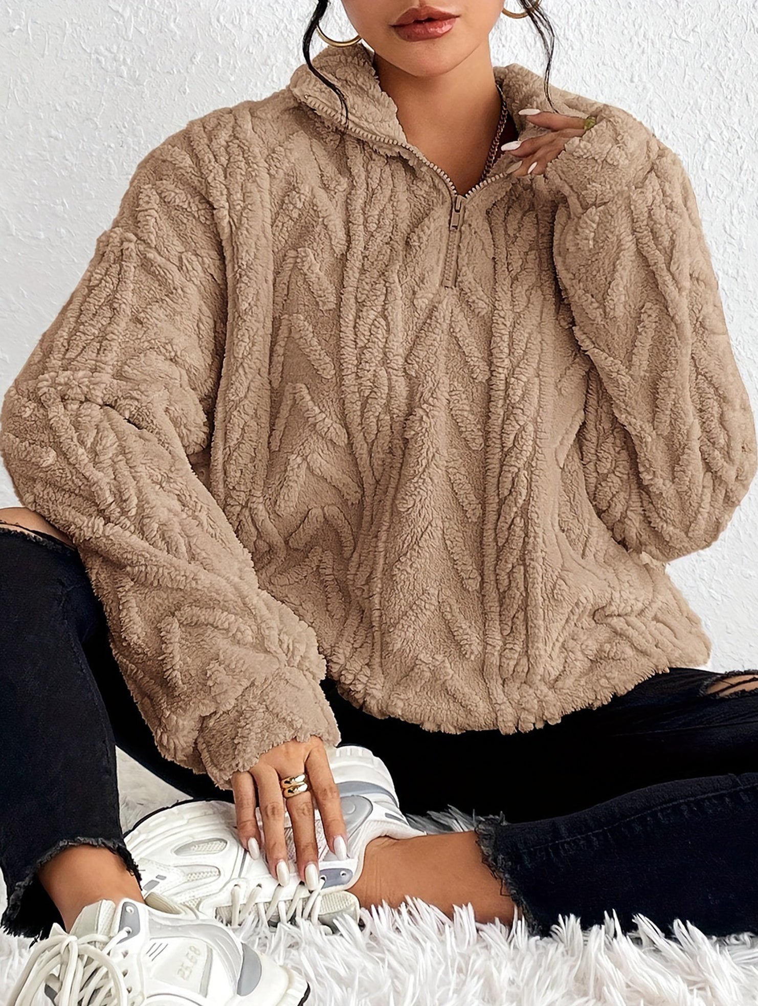 Double-sided plush zip-up pullover top